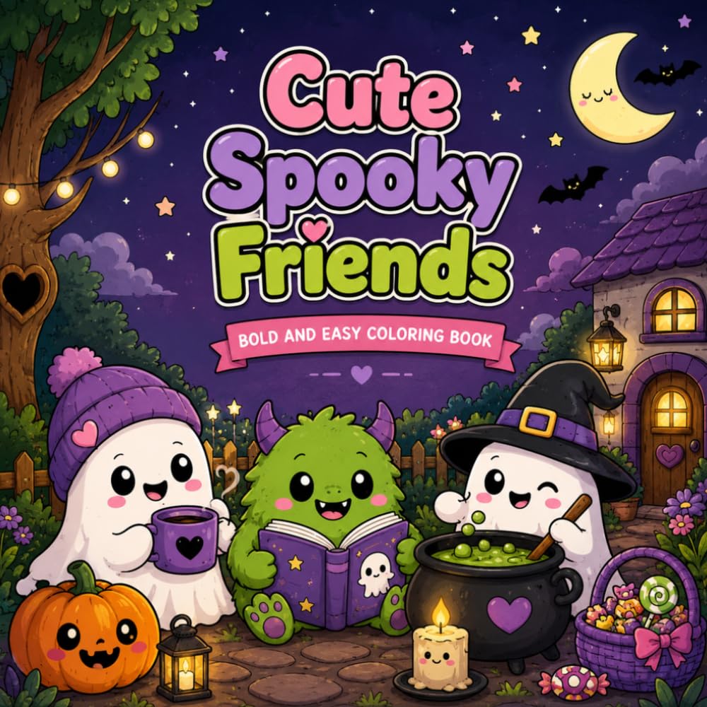 Cute Spooky Friends: Bold and Easy Coloring Book , Adorable Ghosts, Monsters, Beach Days, Forest Fun & Cozy Scenes