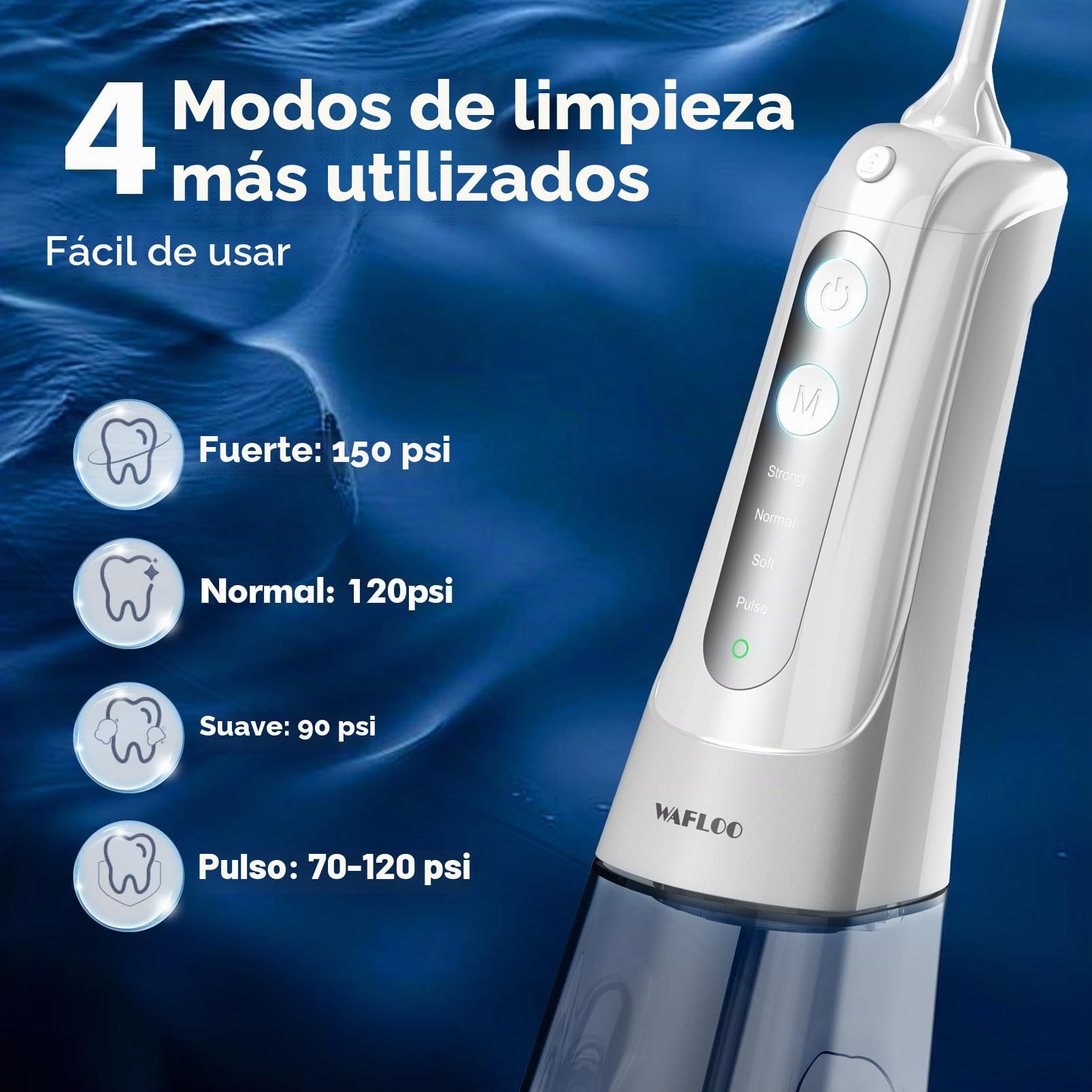 Irrigador bucal para dientes inalámbrico: irrigador bucal, 8 puntas de chorro, 4 modos, portátil, tanque de 300 ml, recargable por USB, IPX7, impermeable, hilo dental para adultos, limpieza de