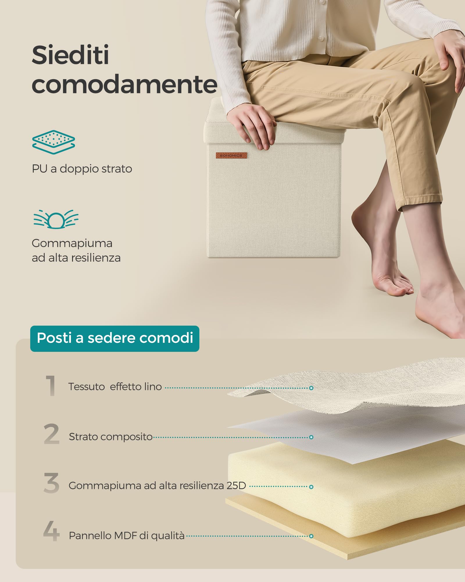 SONGMICS Cassapanca, Pouf Contenitore, Poggiapiedi Pieghevole da 30 x 30 cm, Ottomano con Stoccaggio, Regge fino a 130 kg, per Soggiorno, Camera da Letto, Dormitorio, Bianco Crema LSF028W01