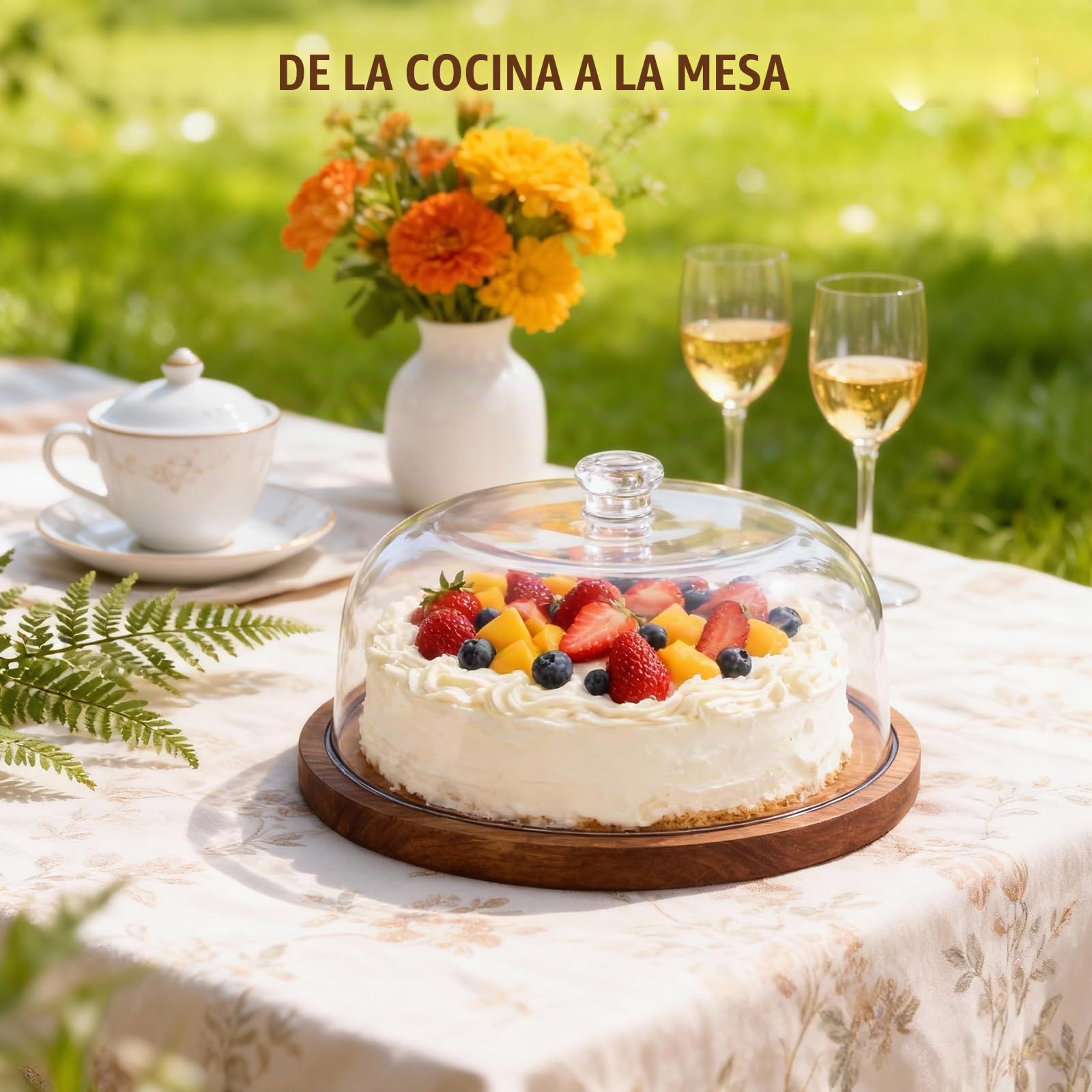 Buachois Soporte para Pastel con Tapa de Madera, Ø 30 cm / 12 Pulgadas Pastel Tapa, 2 en 1 Mesa de Pantallas de Charcutería de Redondo de Exhibición de Postres con Cúpula de Acrílico para Bandeja