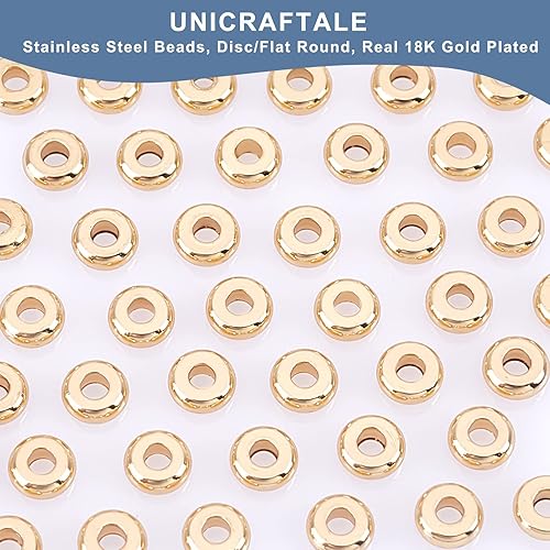 Miniatura 4 de UNICRAFTALE Alrededor de 200 cuentas redondas planas chapadas en oro de 18 quilates de 0.15 pulgadas (0.157 in) de acero inoxidable, cuentas de