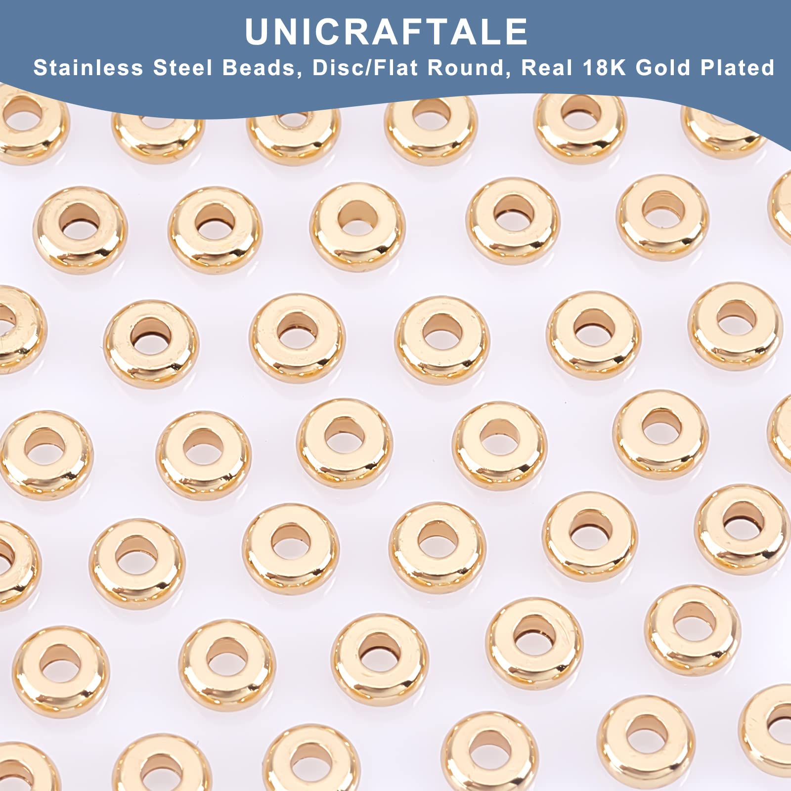 UNICRAFTALE 100 Perline In Acciaio Inox Placcato Oro 18K – Disco Piatto Rondelle, 5mm, Foro 1,5mm, Per Bracciali E Collane Fai Da Te
