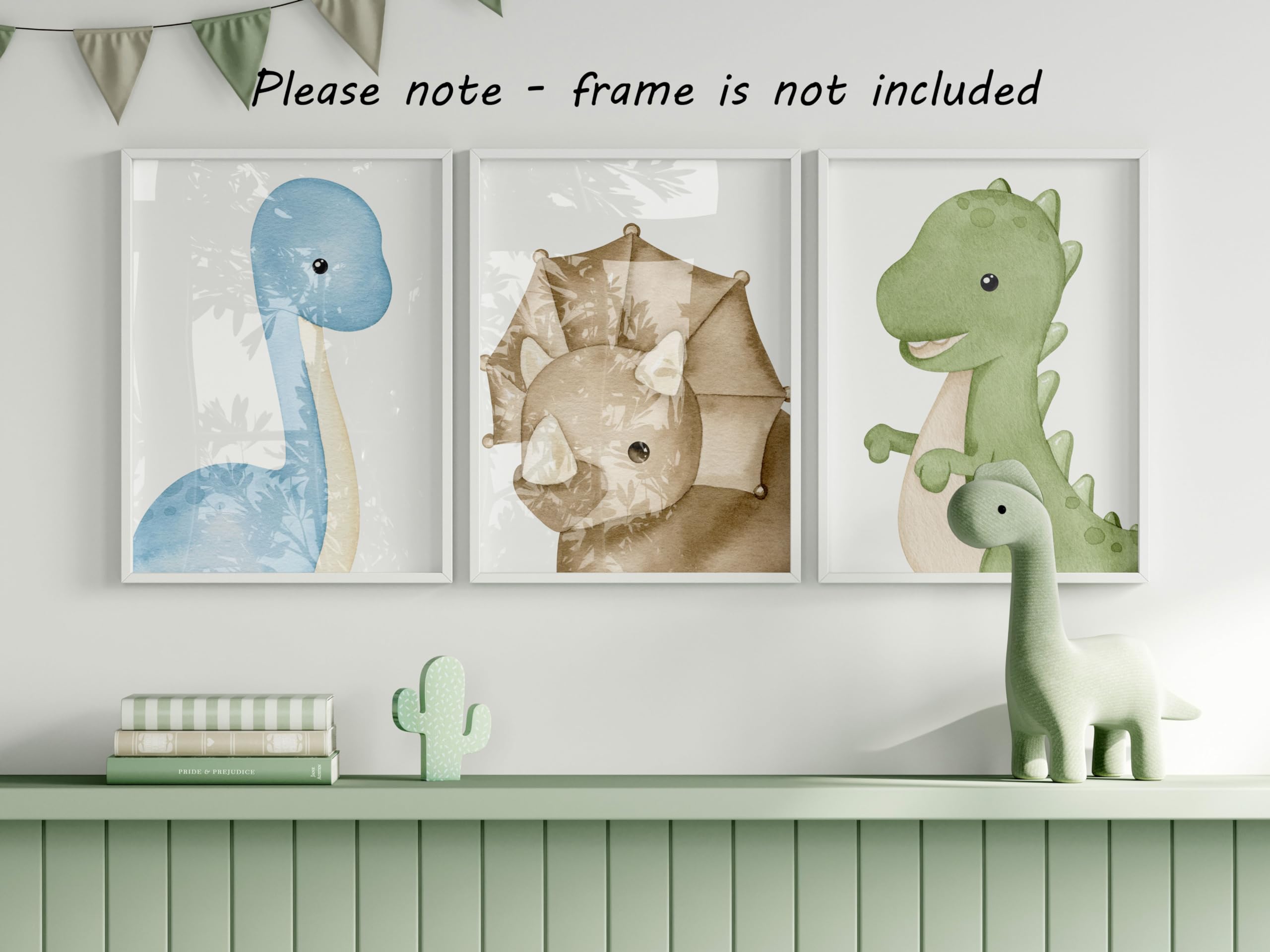 Baby Dinosaurs Set of 3 Unframed Poster Prints, Boy Girl Nursery Bedroom, Watercolour Design, Wall Art Decor, Tyrannosaurus Brachiosaurus Triceratops Blue Green Brown (A3) - Image 3