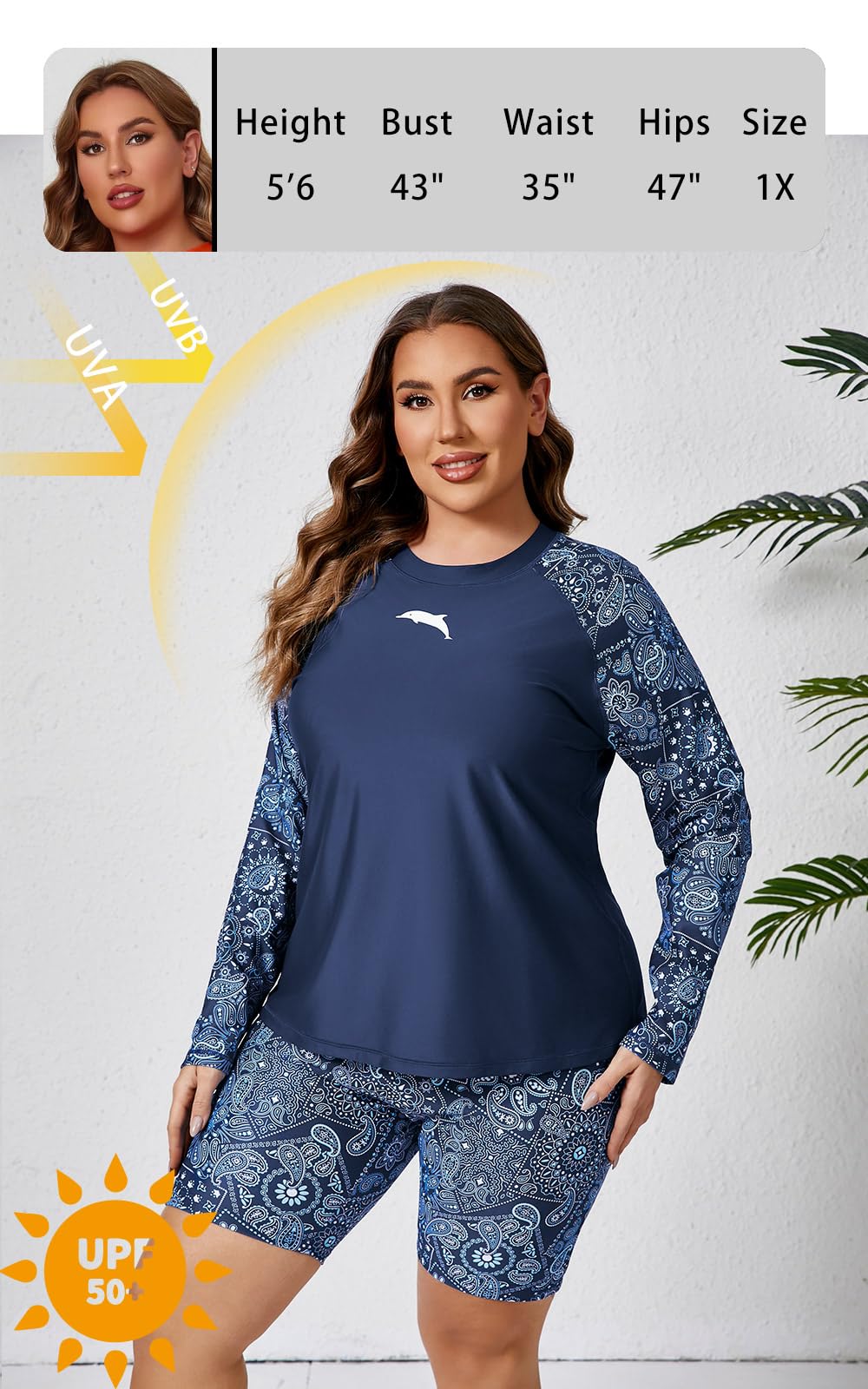 Halcurt Sujetador integrado de manga larga para mujer, talla grande, traje de baño de 2 piezas y pantalones cortos