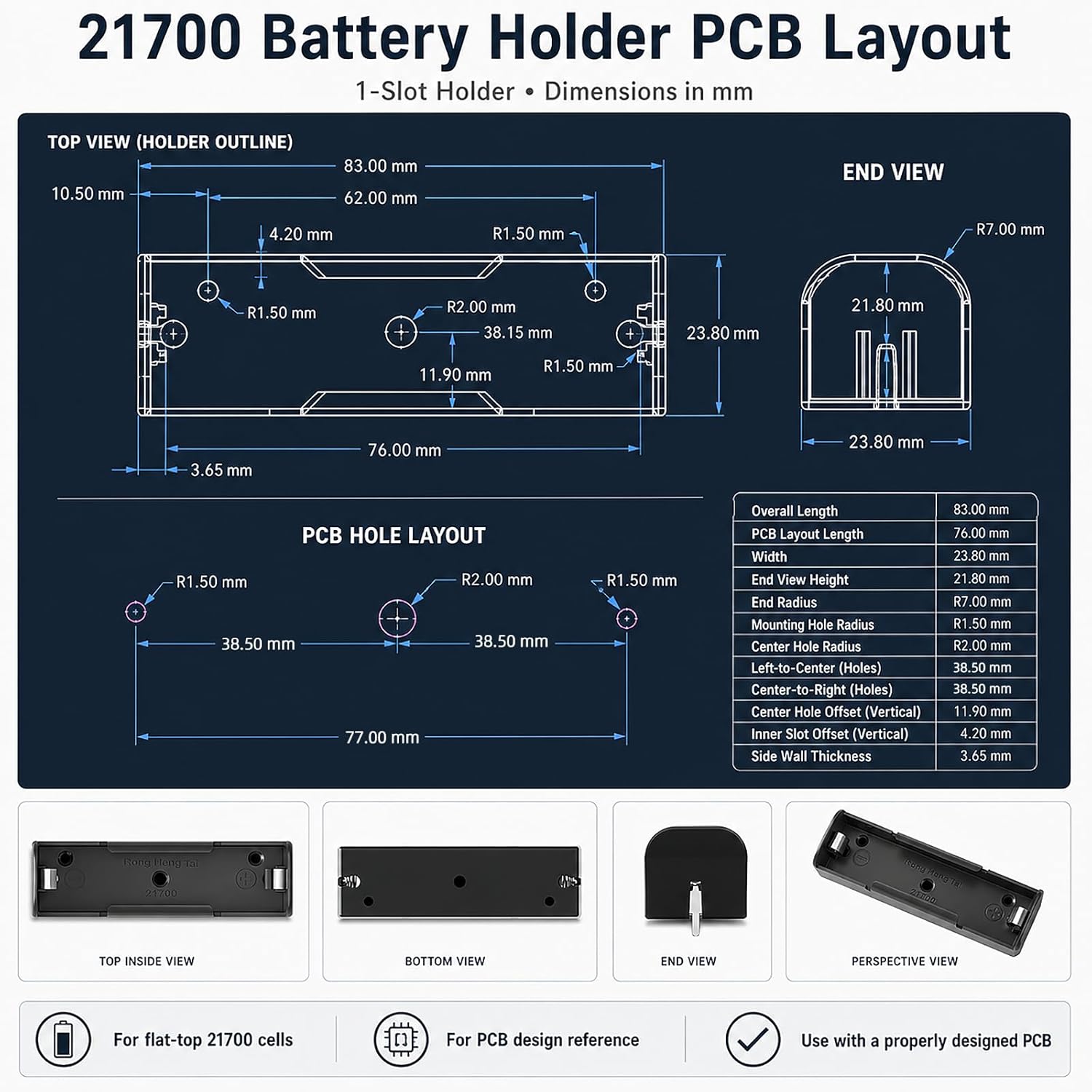 10-Pack High-Current 21700 Battery Holder for PCB Mount, 40A Continuous / 140A+ Peak, Ultra-Low 0.87mΩ Red Copper Nickel-Plated Contacts, Supports 3S, 4S, 5S DIY Power Packs for EV, RC & Power Tools