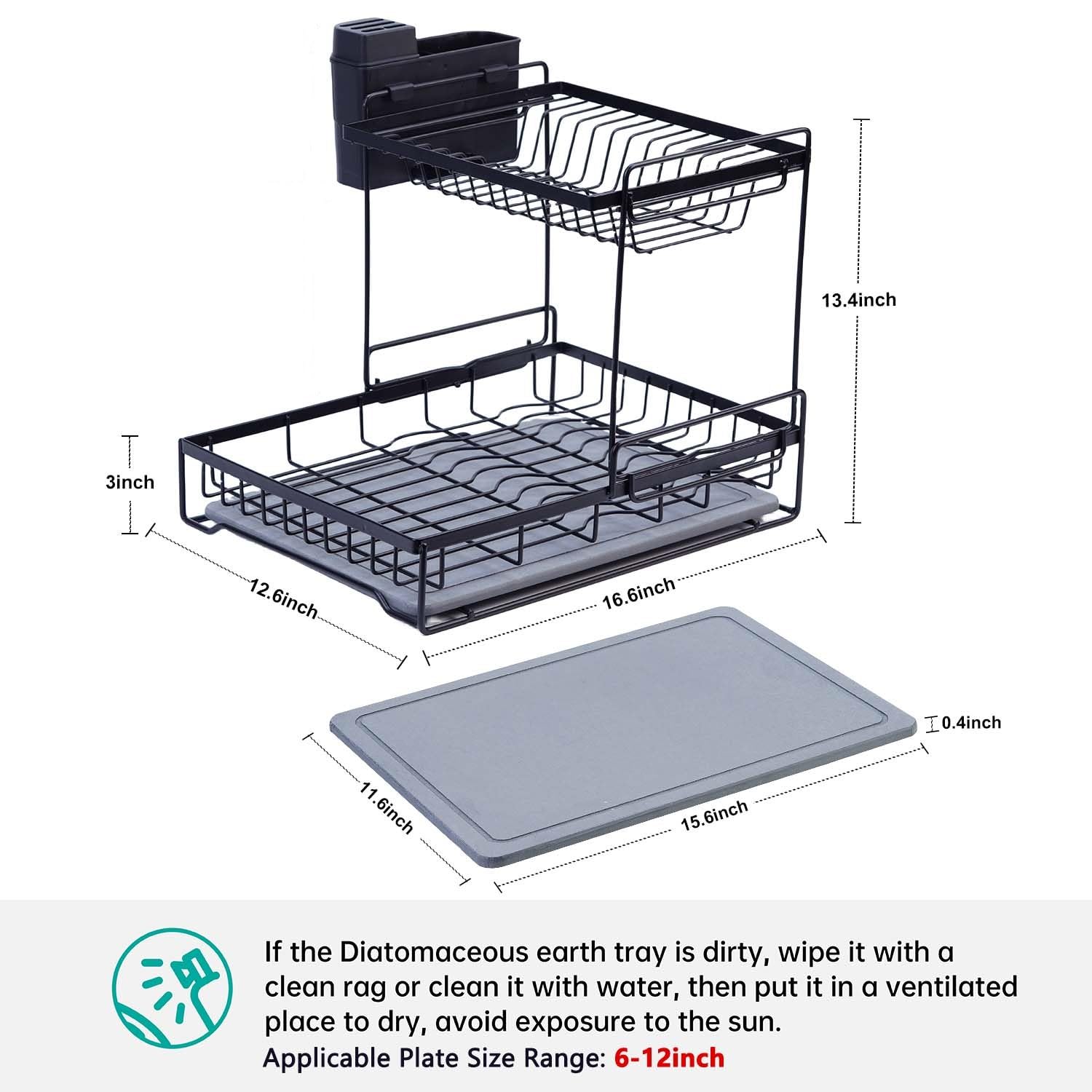 VABNEER Dish Drying Rack, 2 Tier Dish Racks for Kitchen Counter, Super Absorbent Quick Drying Dish Drainer with Diatomaceous Earth Tray