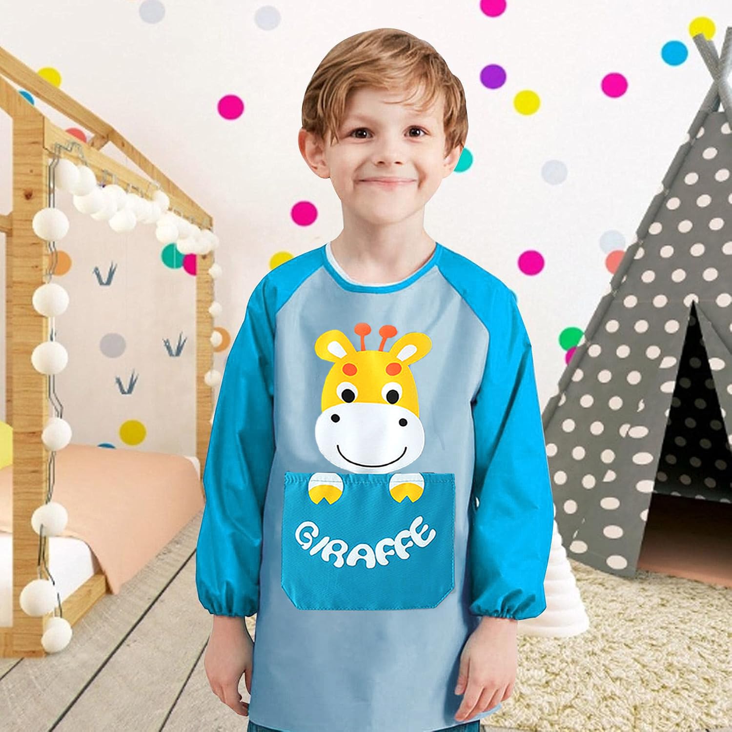 HIQUACC Kids Waterproof Art Smock with Long Sleeves - Graffiti Painting Crafting Apron for Toddlers Children (Blue-M) - Image 3