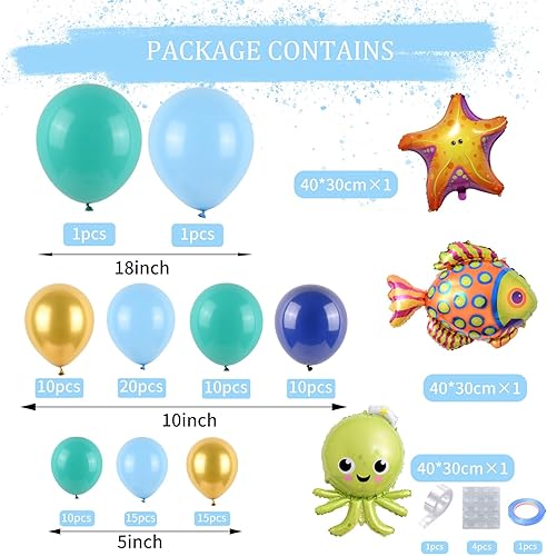 Miniatura 2 de Decoraciones de fiesta bajo el mar, kit de arco de globos de animales del océano, azul marino, azul claro, azul metálico con diferentes globos de