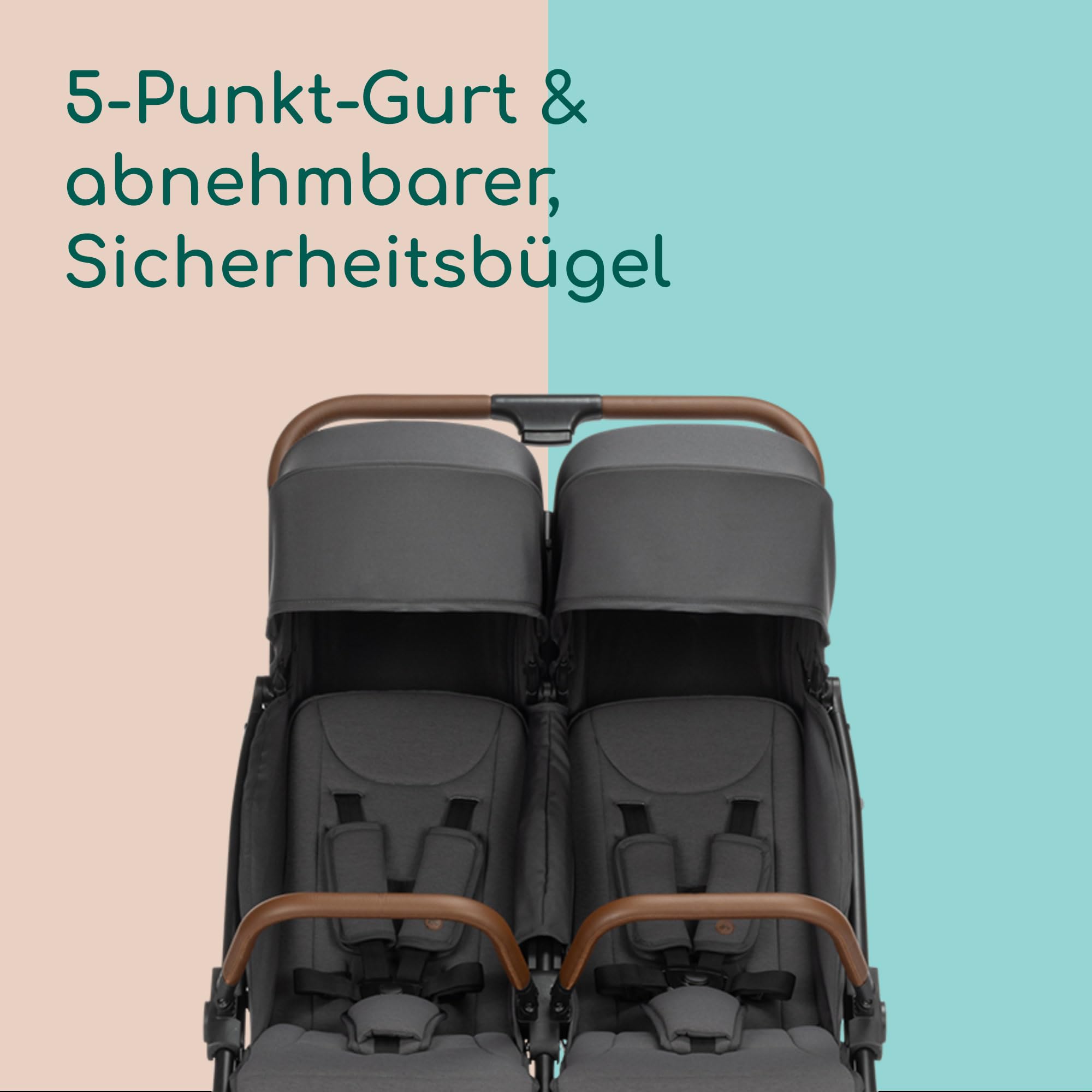 Bebeconfort Mane Duo Geschwisterwagen 0+ bis 22 kg Automatisches Klappsystem Liegeposition Drehbare Sicherheitsbügel 5-Punkt-Gurt Regenverdeck Mineral Graphite