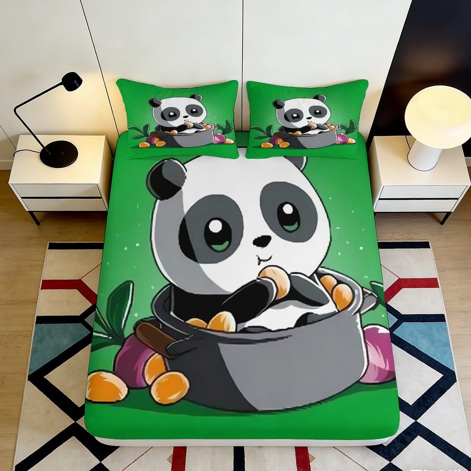 3D Printed Cute Panda Fitted Sheet Microfiber Green Cartoon Animal Bed Cover for Bedroom Dorm Machine Washable 90x200x25cm