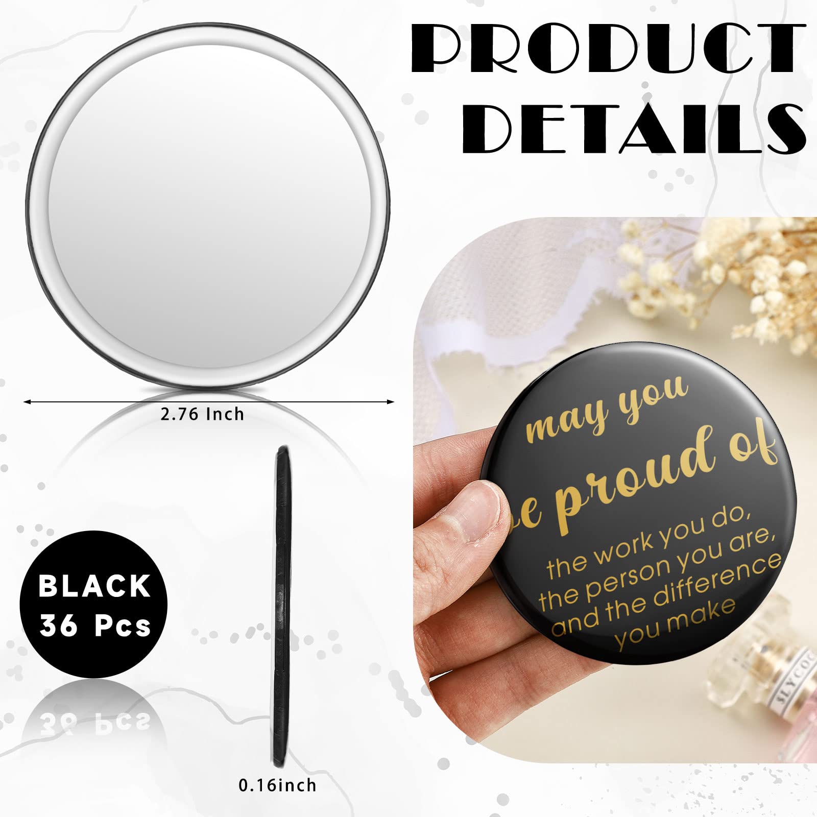 Gulfmew 36 Pcs 2.76 Inch Inspirational Compact Mirror Bulk Gifts for Women Black Gold Party Favors Mini Pocket Mirror Small Stuffer Items for gift Bags Christmas Coworker Employee Friends - Image 2