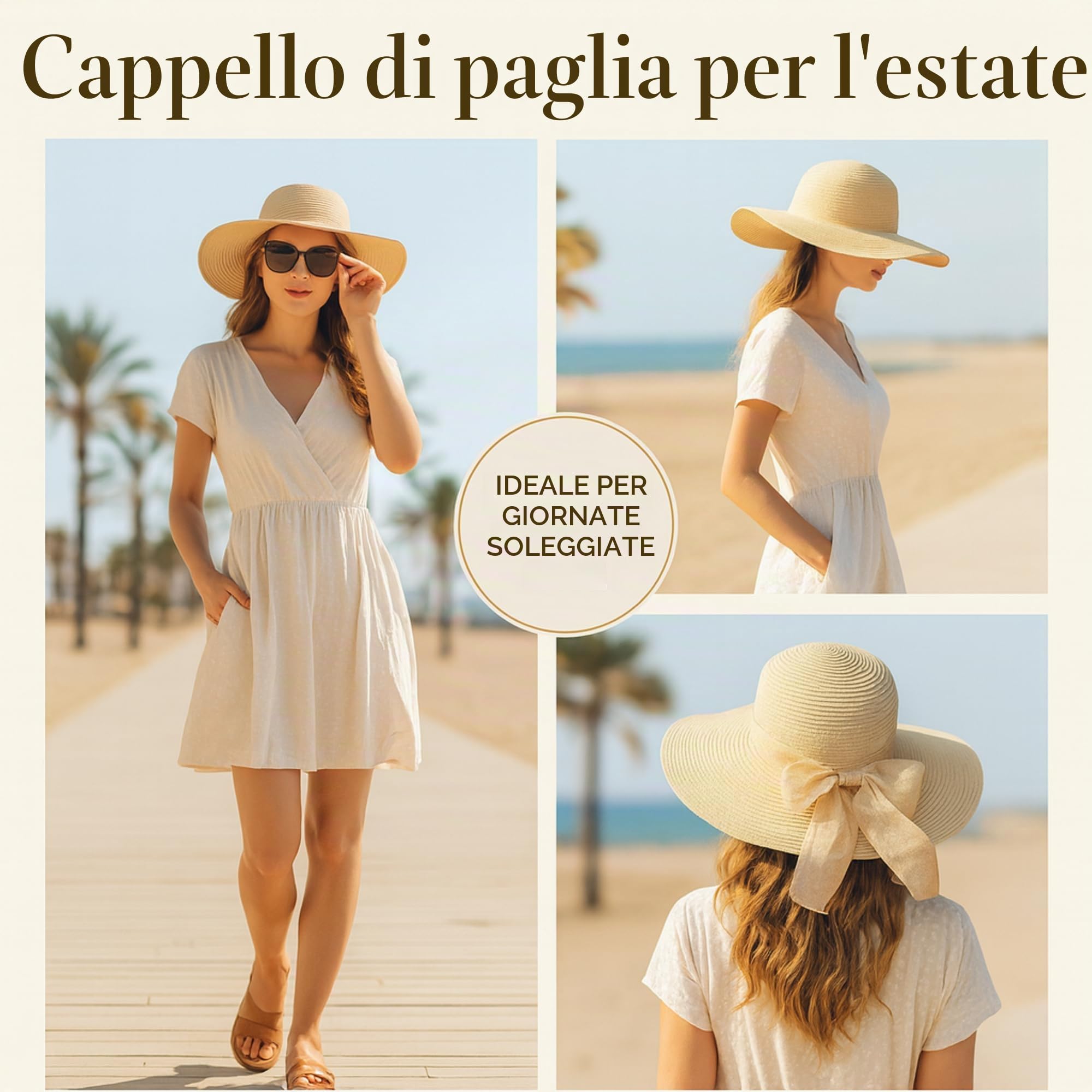 Cappello da Sole da Donna scanalatura in Paglia, Cappello Estivo con Fiocco, Cappello da Spiaggia, Cappello a Tesa Larga, Cappello floscio
