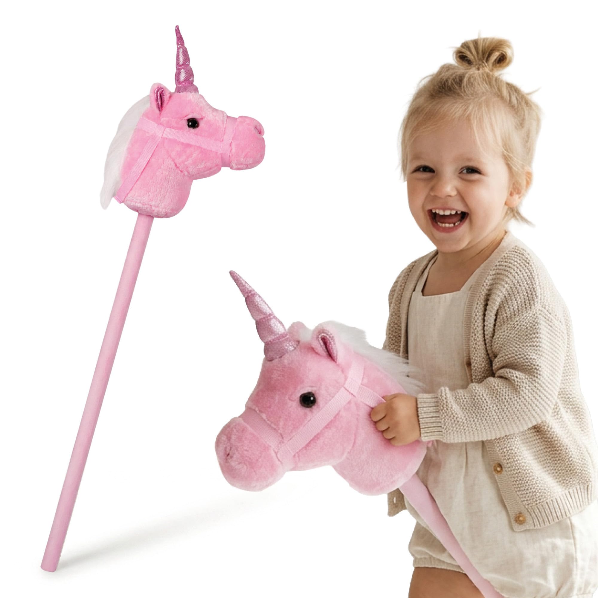 mamabrum Hobby Horse Einhorn Rosa Steckenpferd Kinder 80 cm | Magisches Einhorn mit Glitzerhorn, weichem Plüschkopf und festen Zügeln für fantasievolle Bewegungsspiele.
