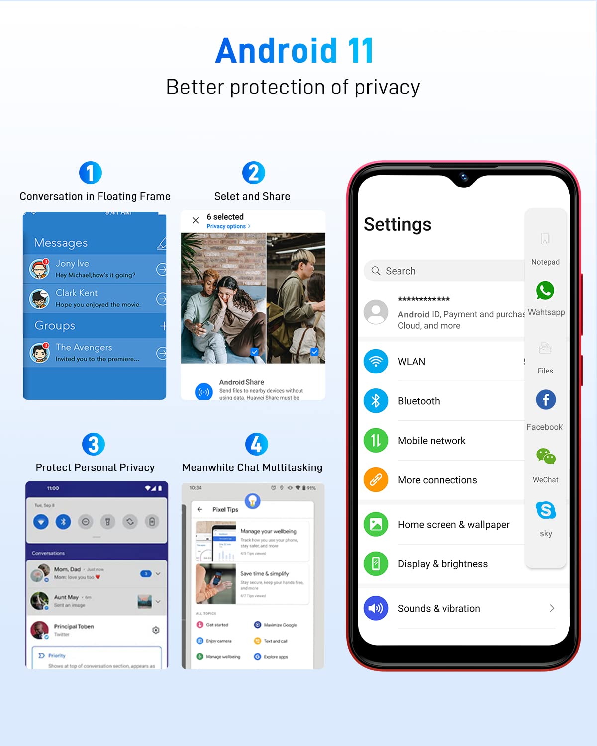 Android 11 Smartphone 4G, X96 Pro (2022) 6,52 cala HD+, 4 GB + 64 GB (SD 256 GB), telefon komórkowy, 5400 mAh, aparat Quad 13MP, Dual Nano SIM+ TF/Face ID/Fingerprint-czerwony