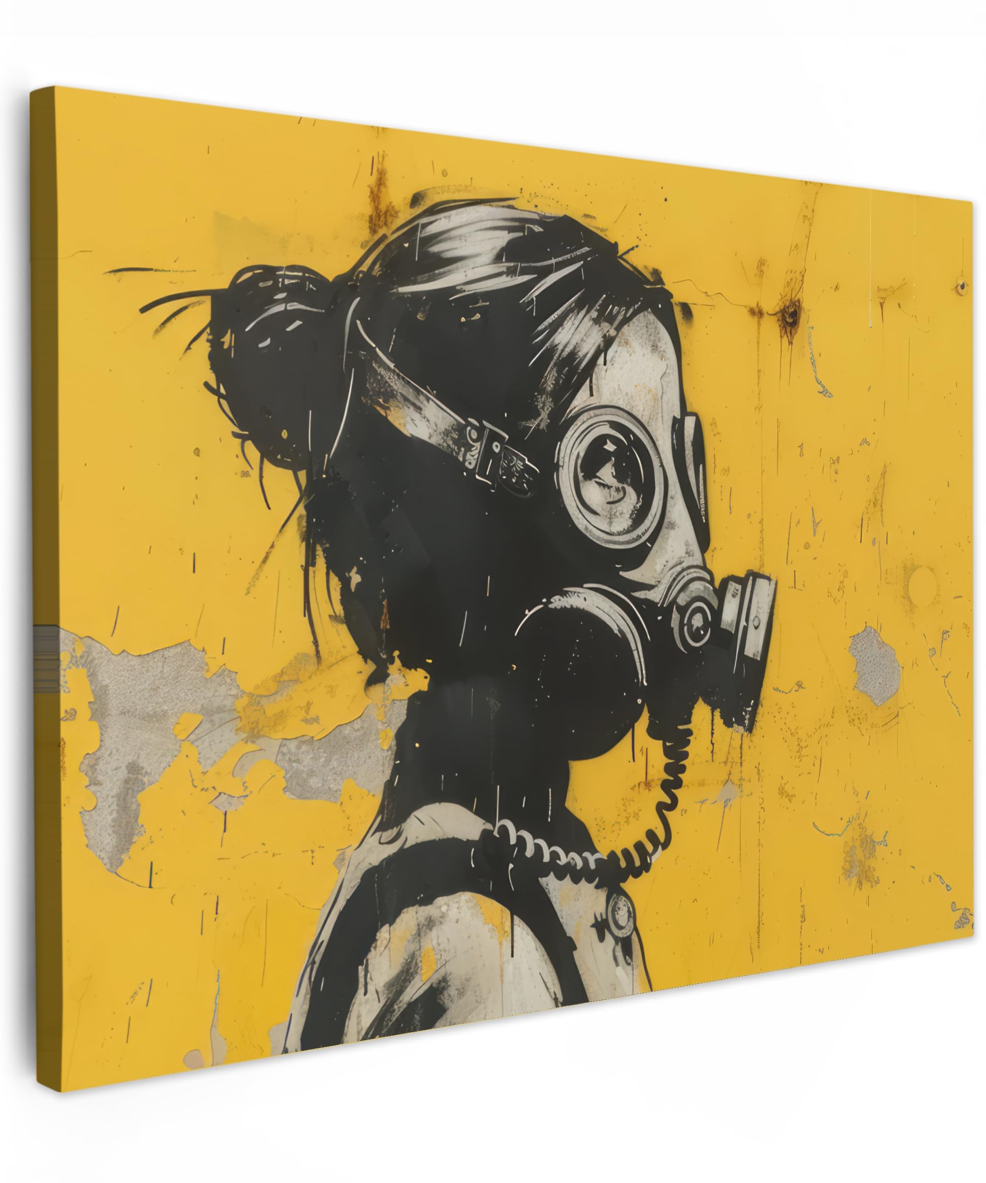 MuchoWow© Canvas Wall Art 31"x24" / 80x60 cm Decor Paintings Print framed on Canvas Pictures for Hallway Vintage - Street art - Girl - Mask - Yellow - Banksy — image 1