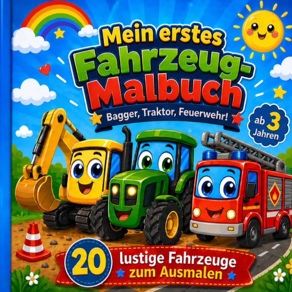Mein erstes Fahrzeug-Malbuch: 20 lustige Fahrzeuge zum Ausmalen mit großen, einfachen Motiven für Kinder ab 3 Jahren