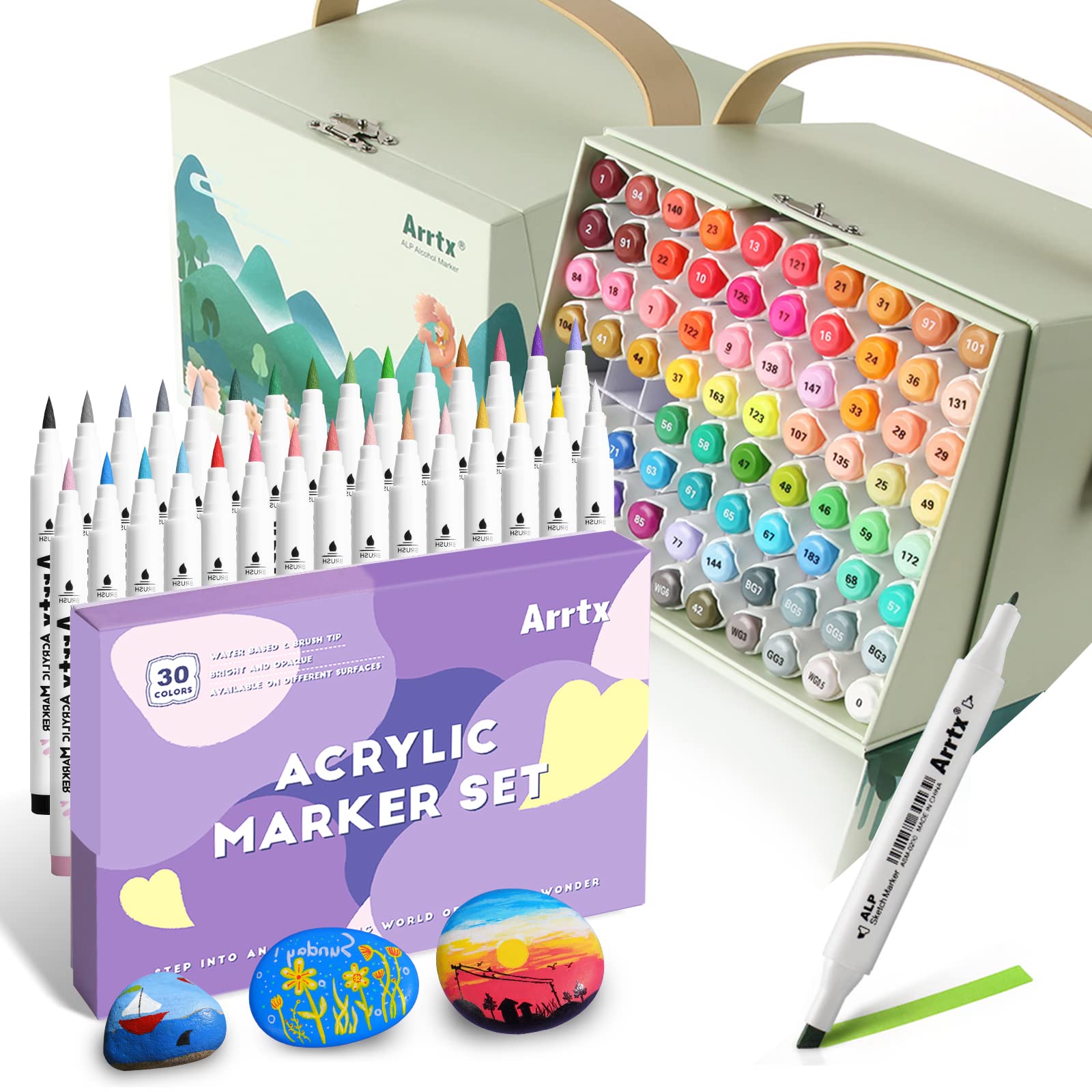ArrtxMarkers, ALP 80 Colors Dual Tips Alcohol Markers Permanent Professional Marker Pen 30 Colors Acrylic Paint Pens for Rock Painting