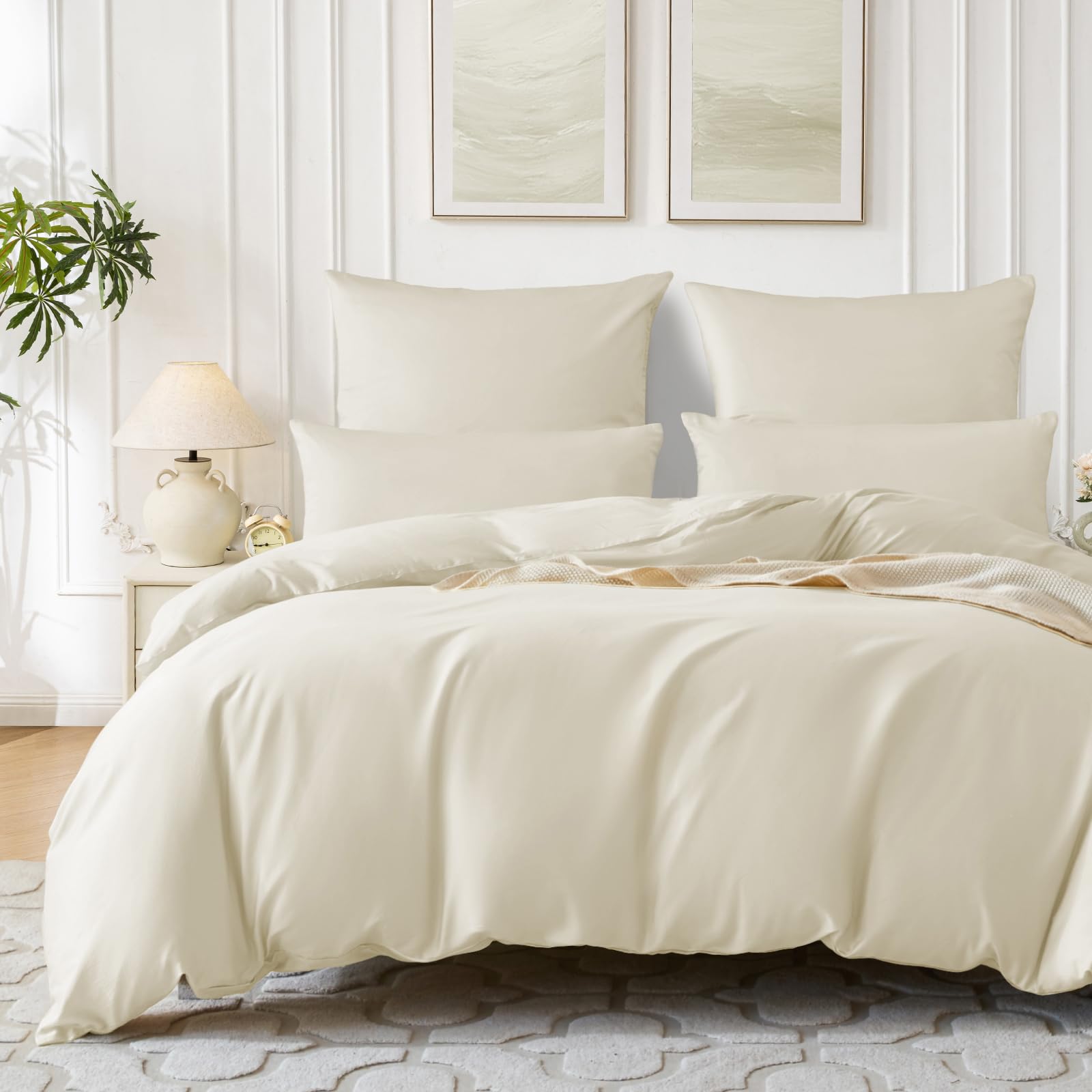 SOULFUL Housse de Couette 240 x 260 Satin de Coton avec 2 Taies d'oreiller 65x65 cm - Soyeux et Respirant - 100% Coton à Longues Fibres - Beige Parure de Lit 240 x 260 Coton avec Fermeture Éclair