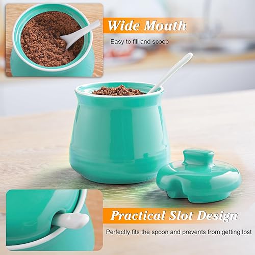 Miniatura 5 de Azucarero turquesa con tapa y cuchara, azucarero de cerámica verde azulado de 12 onzas con cuchara, contenedor de azúcar para barra de café, tazón