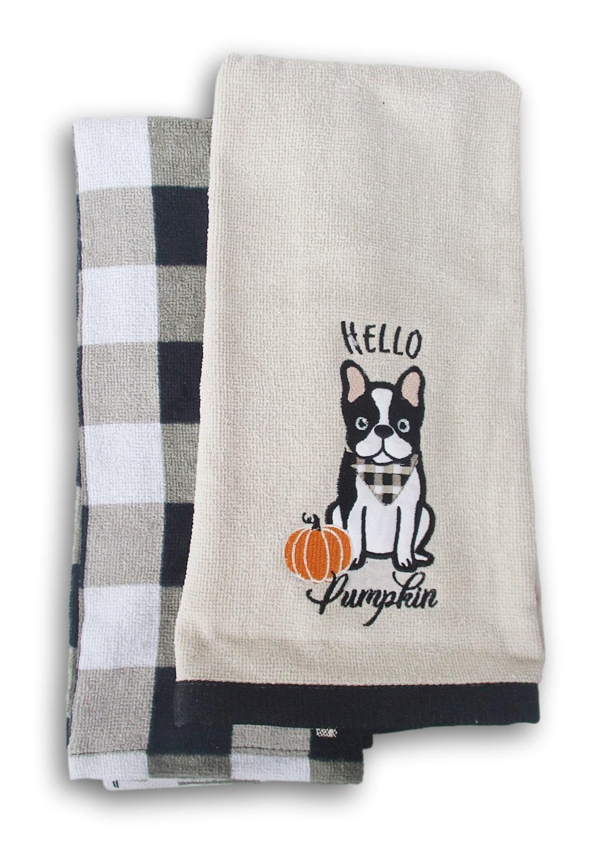 Fall Autumn Kitchen Towel Set 2 Pack - 15 x 25 Inch - 100% Cotton (French Bulldog/Black Buffalo Check)