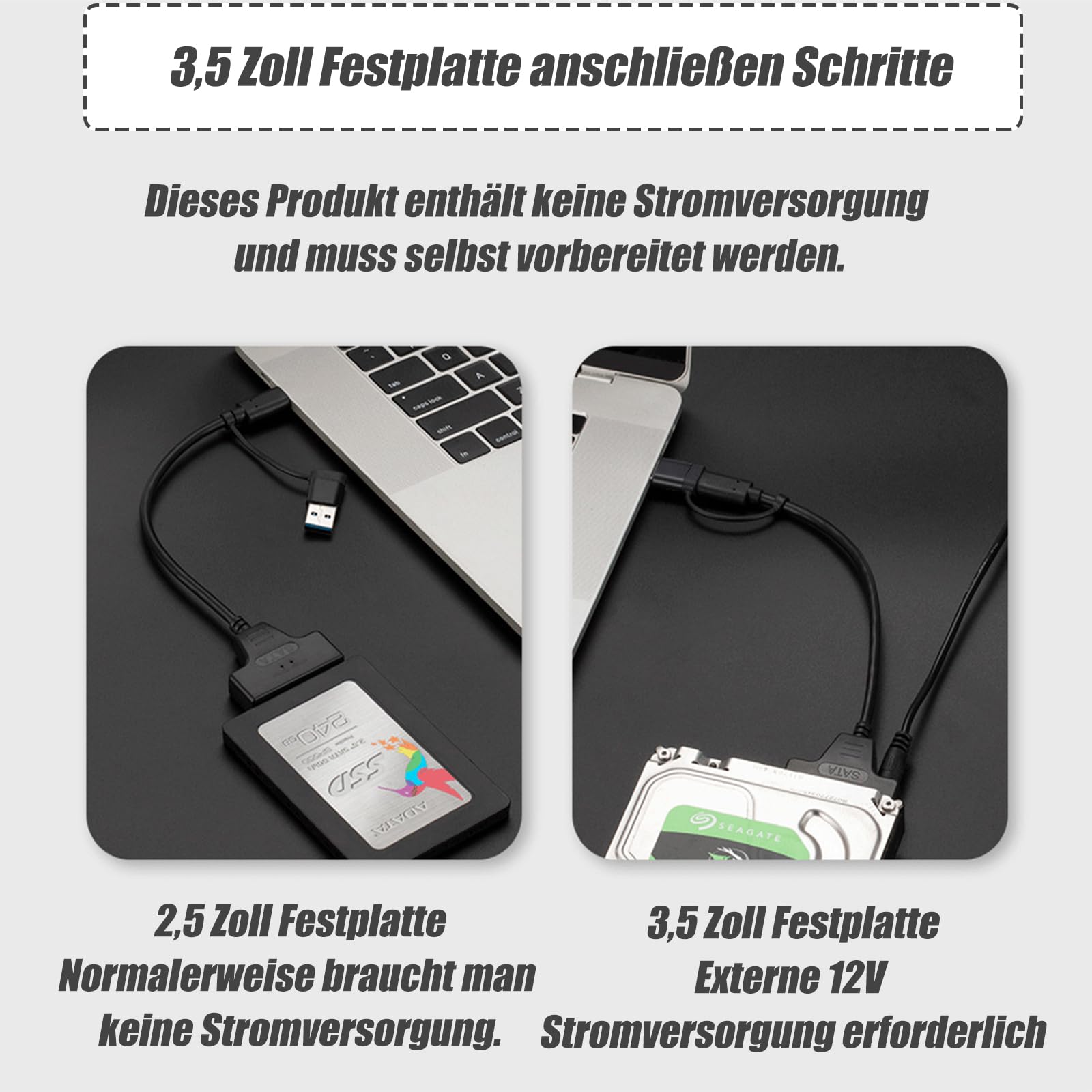 GERUI Adapter kabel USB 3.0 do SATA, kabel SATA do USB, adapter 2-w-1 USB C/3.0 do dysków twardych III, kompatybilny z 2,5-calowymi HDD i SSD (2 sztuki)