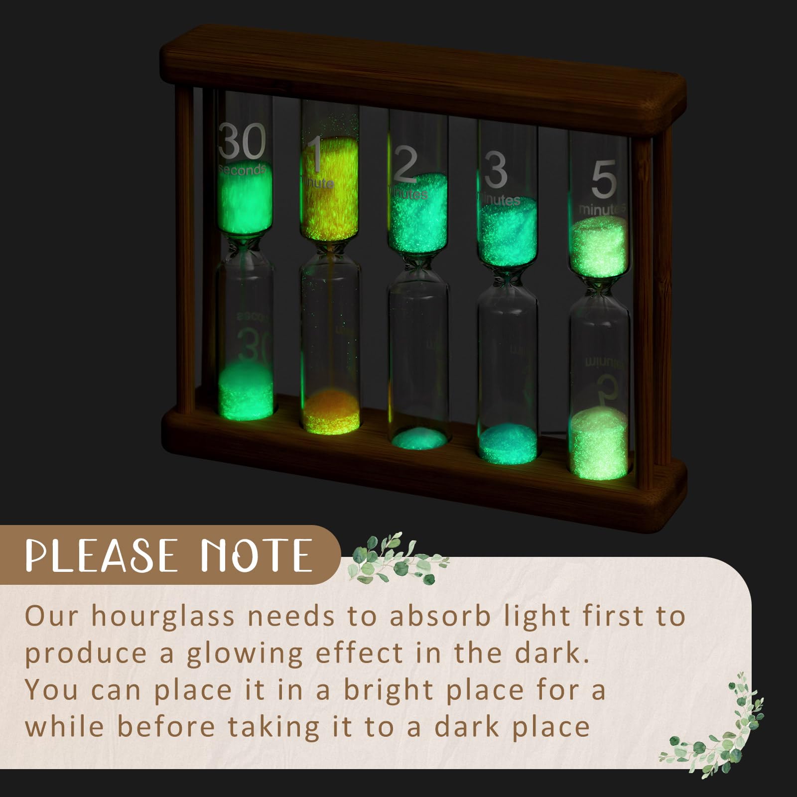 Halloscume Creative 0.5/1/2/3/5 Wooden Sand Glass Hourglass Timer Glow in The Dark Sand Timer Mini Sandglass Timing Tools for Decorations Brush Teeth Home Office Cooking