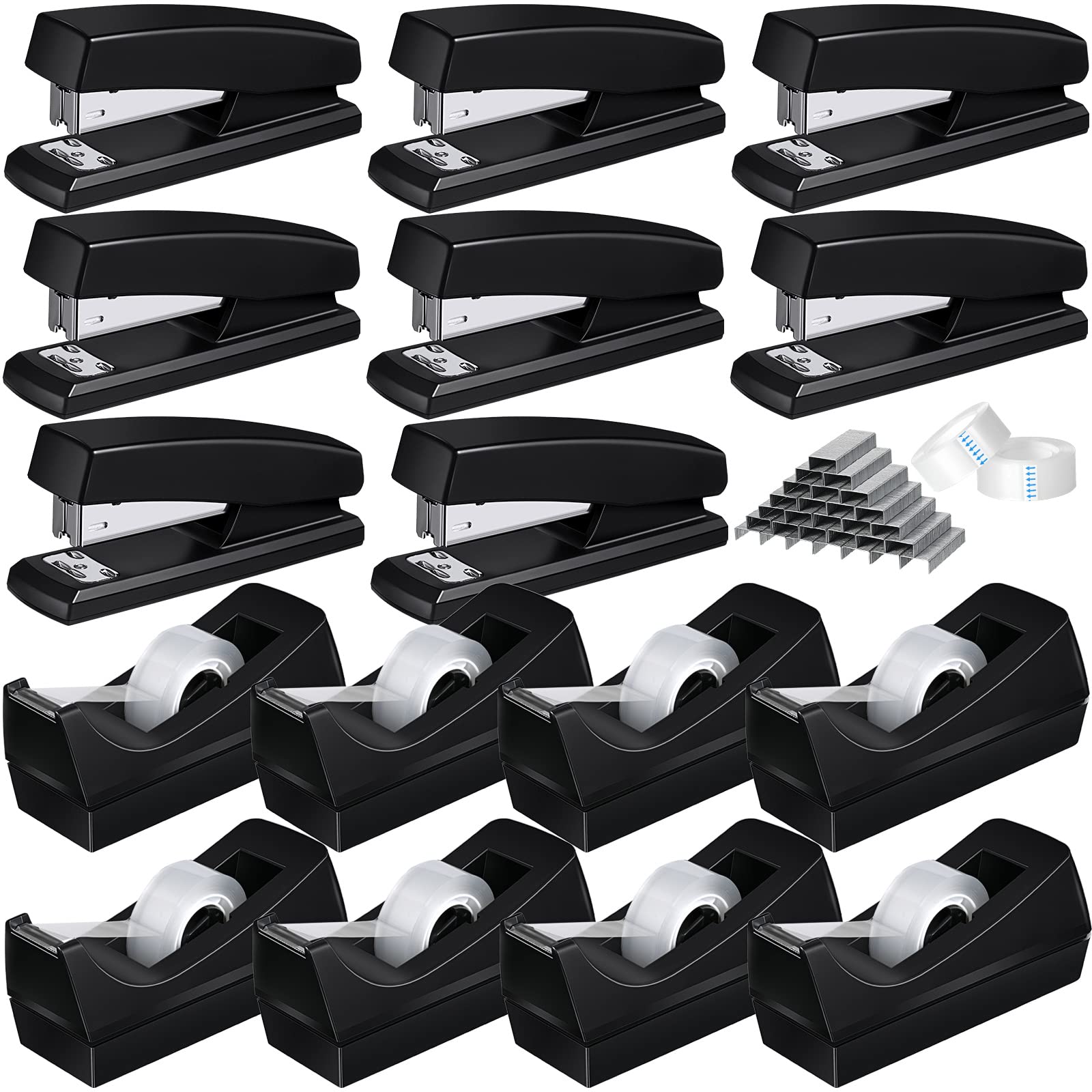 16 Pcs Desk Staplers Tape Dispensers Sets Desktop Office Staplers with Standard Staples Black Dispenser Holder with White Tape for Office School