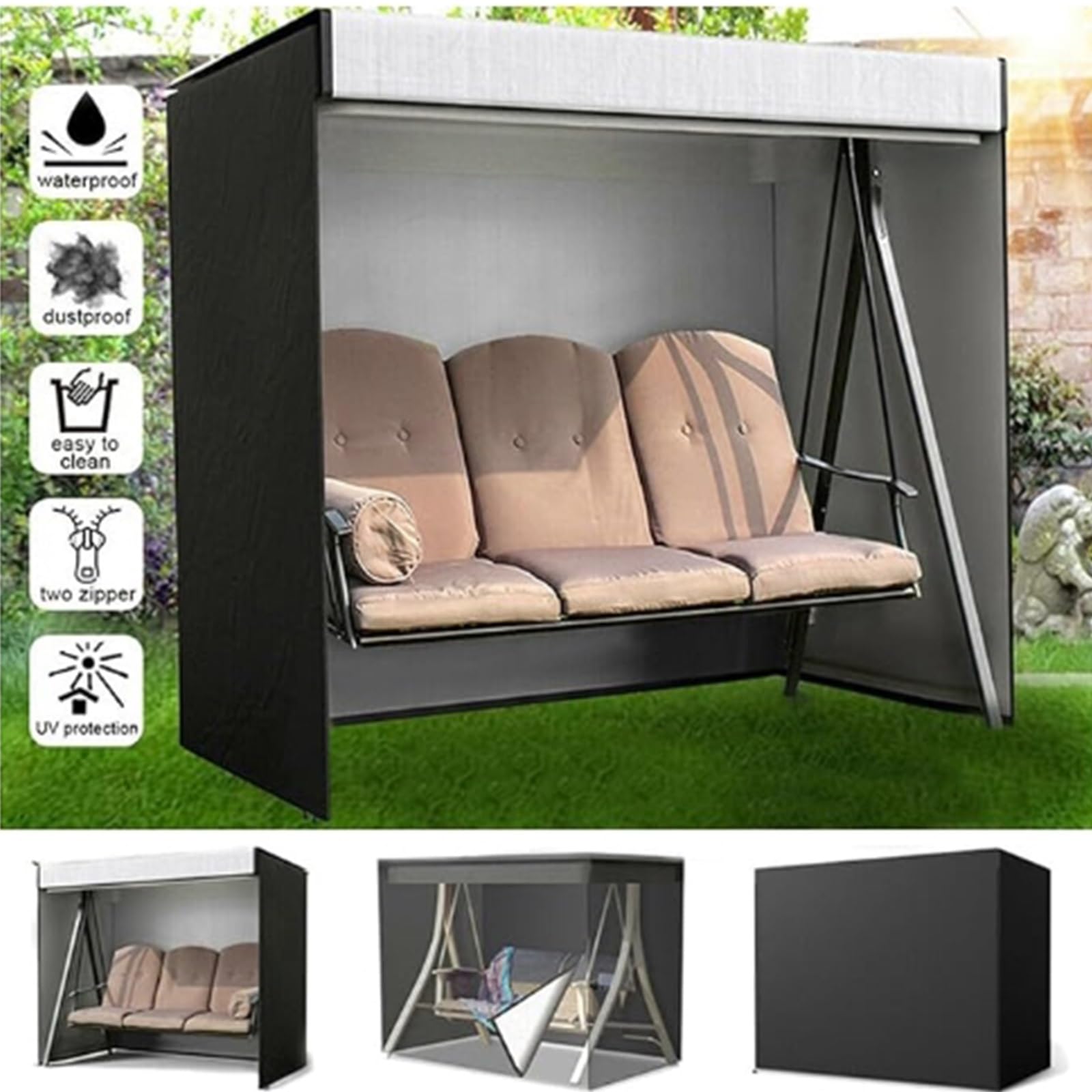 Copertura Dondolo 3 Posti, Copri Dondolo 3 Posti Impermeabile, Tessuto Oxford 210D, coprisedile per Altalena da Esterno, Anti-UV(Beige,220x125x170cm)