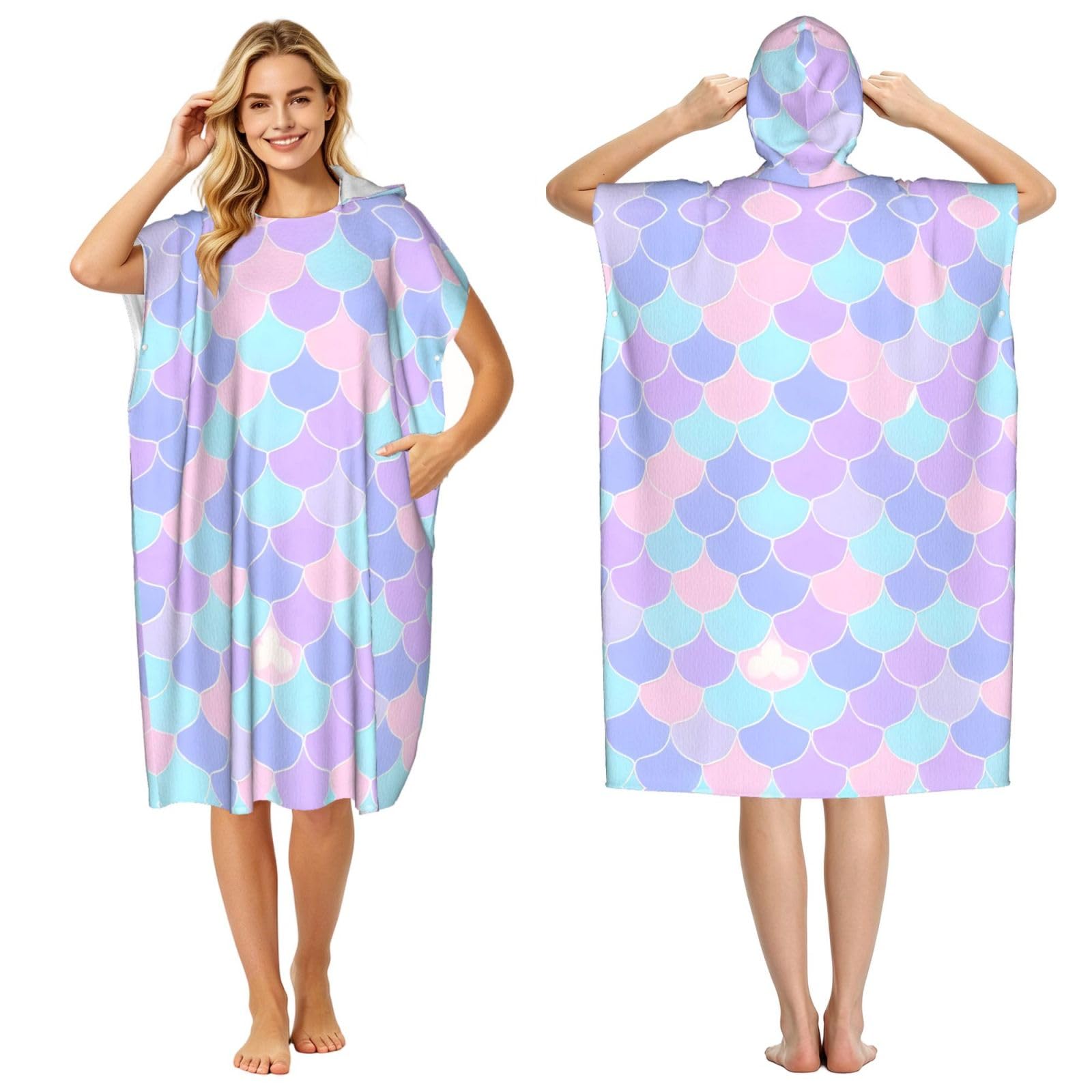 Zaixiansj 110cm Mermaid tattoo Print Adult Changing Robe Hooded Towel Poncho Surf Swim Beach Cover Up with Pockets