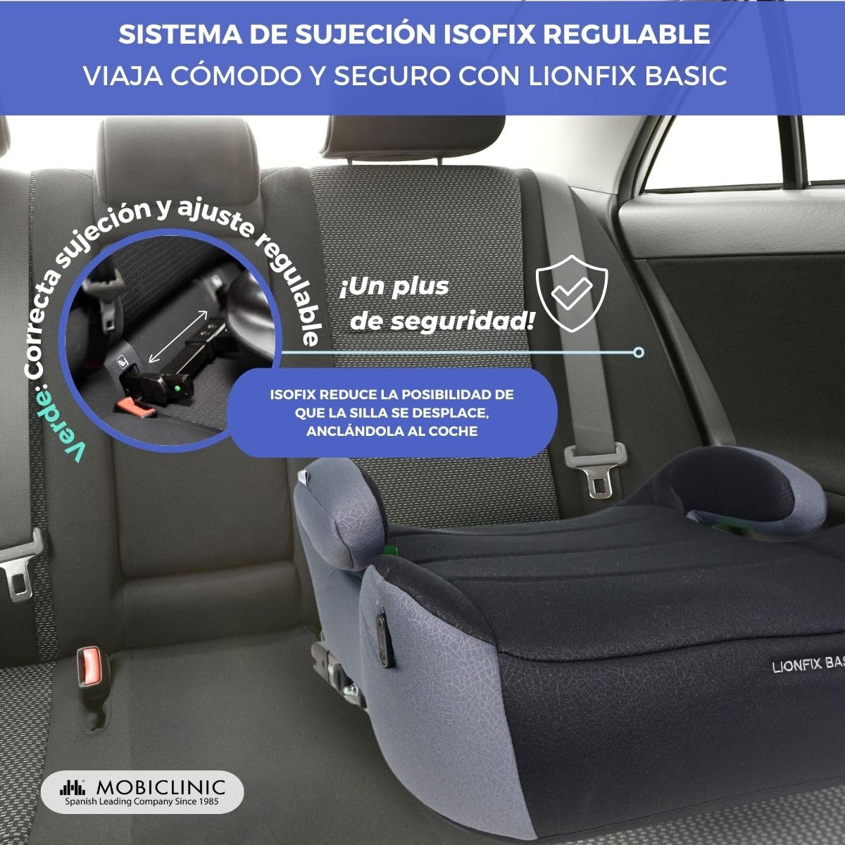 Mobiclinic®, Alzador Coche Niño, ISOFIX Regulable, I-Size ECE R129, Portabotellas Extraíble, 125-150 cm, Funda Extraíble y Lavable, 22 a 36 kg, Reposabrazos Acolchado, Lionfix Basic