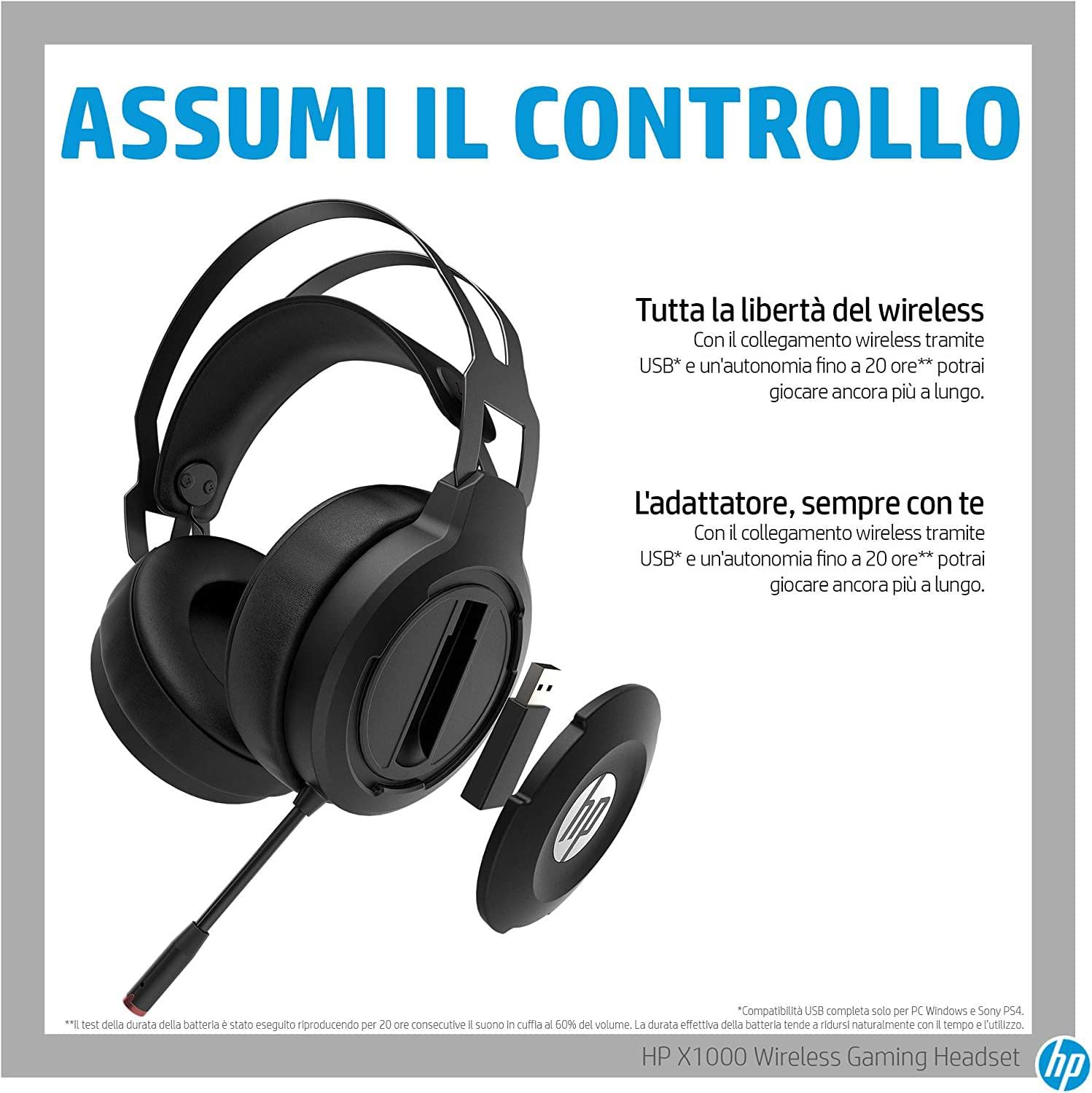 HP X1000 Wireless Gaming Headset, Cuffie con Dongle USB Autonomia fino a 20 ore, Virtual Surround 7.1 Auricolari e Fascia Sospensione Imbottiti Microfono Asta Flessibile LED Rosso Comandi On-Ear, Nero