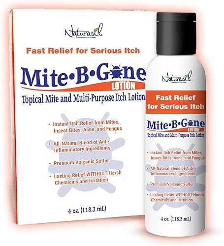 Mite-B-Gone Loción de tratamiento de 4 onzas | Loción de azufre natural Max-Strength para ácaros humanos de acción rápida, mordedura de insectos,