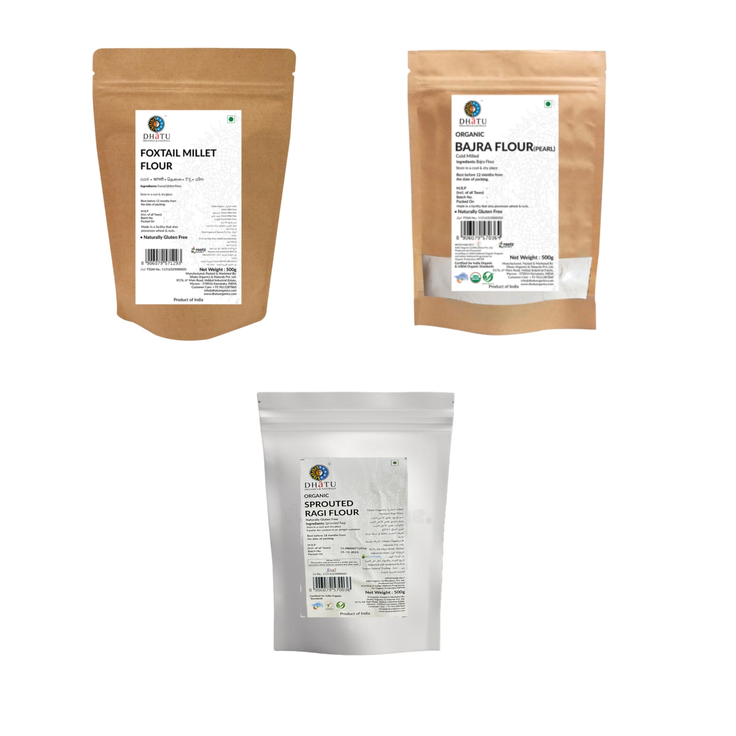 Dhatu By Rootz Organics Flour Combo - Foxtail Millet Flour, Sprouted Ragi Flour & Bajra Flour (500g Each) - Organic, Gluten Free, Nutrient-Rich, Healthy Wheat Flour Alternative for Cooking & Baking