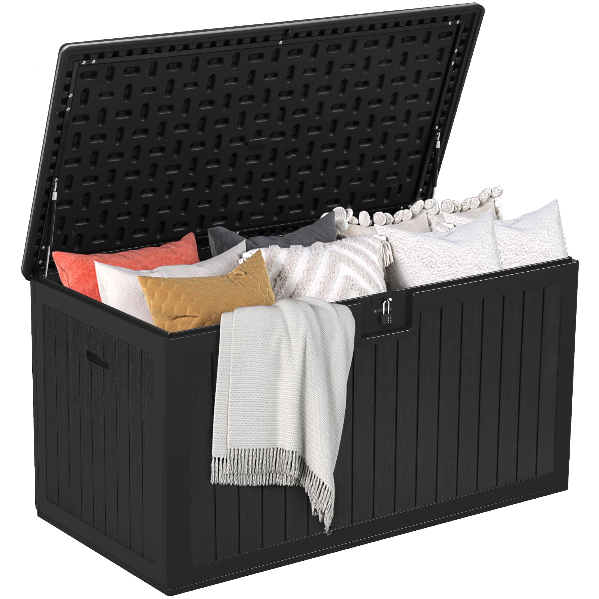 DWVO 567.8L Resin Outdoor Storage Box, Double-Wall Waterproof Deck Box with Wood Texture, Lockable Garden Storage that Doubles as Table or Bench (1000 lbs Capacity)–Black