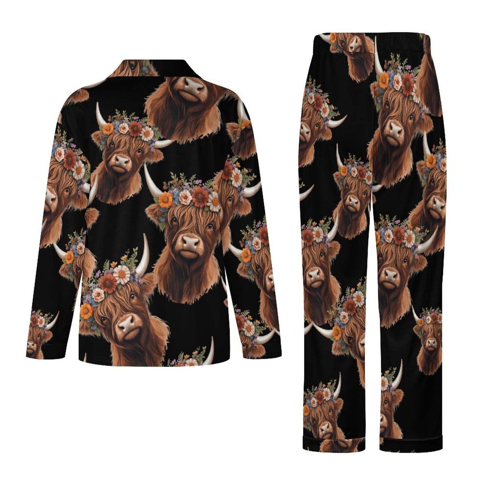 Conjunto de pijama para mujer, diseño de vaca de las Tierras Altas con flores, de manga larga, con botones, ropa de descanso, ropa de dormir