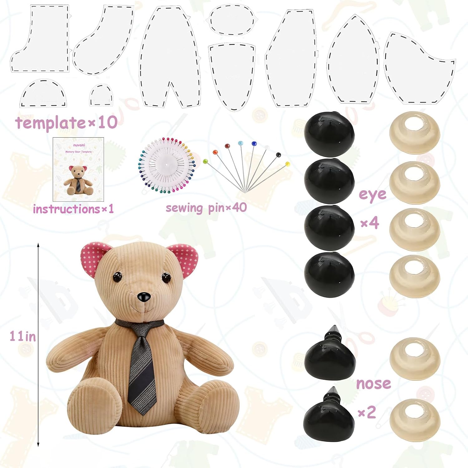 11in 10pcs Acrylic Memory Bear Template Ruler Set - Beginners Friendly Quilting Sewing Templates with Detailed Instruction Manual & Video Tutorials, Safety Eyes, Noses & Pins