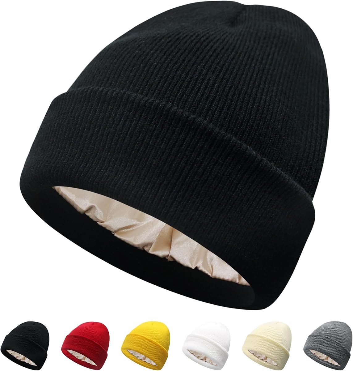 PFFY Satin Lined Beanie for Women Winter Hats Warm Reduce Frizz | Silk Feeling Lining Knit Beanies, Soft and Smooth, Comfortable Double-Layer Warmth, Outdoor