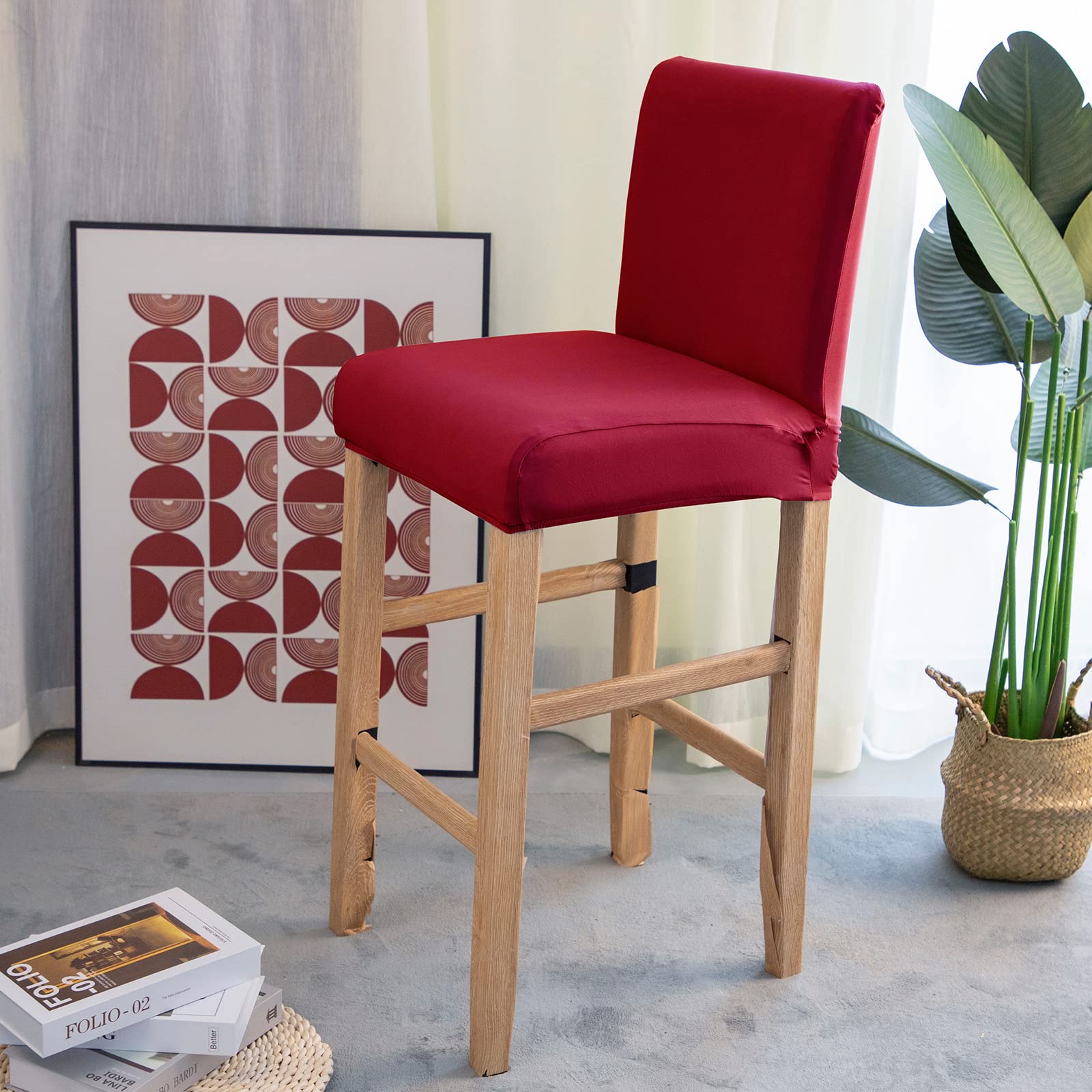 Housse De Tabouret De Bar Rectangulaire Extensible - En Polyester élastique Lavable, Couleur Rouge Foncé, Taille ~30x30cm, Confortable - 9