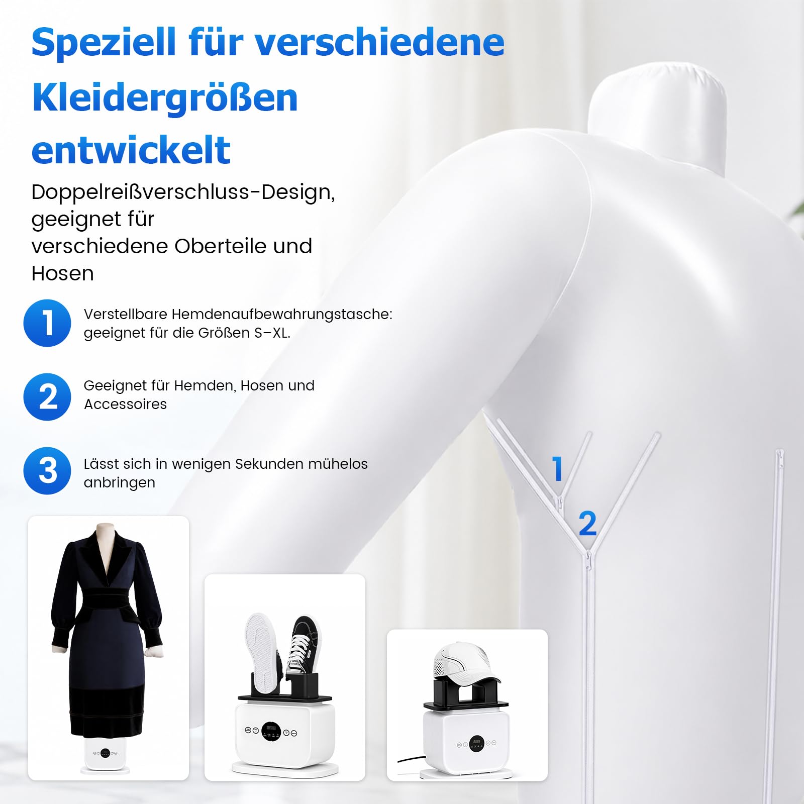 Automatischer Hemdenbügler, Bügelpuppe mit Heißluft & 360°-Trocknung, Zeitfunktion, Tragbarer Bügelautomat für Hemden, Hosen, Blusen & Kleidung