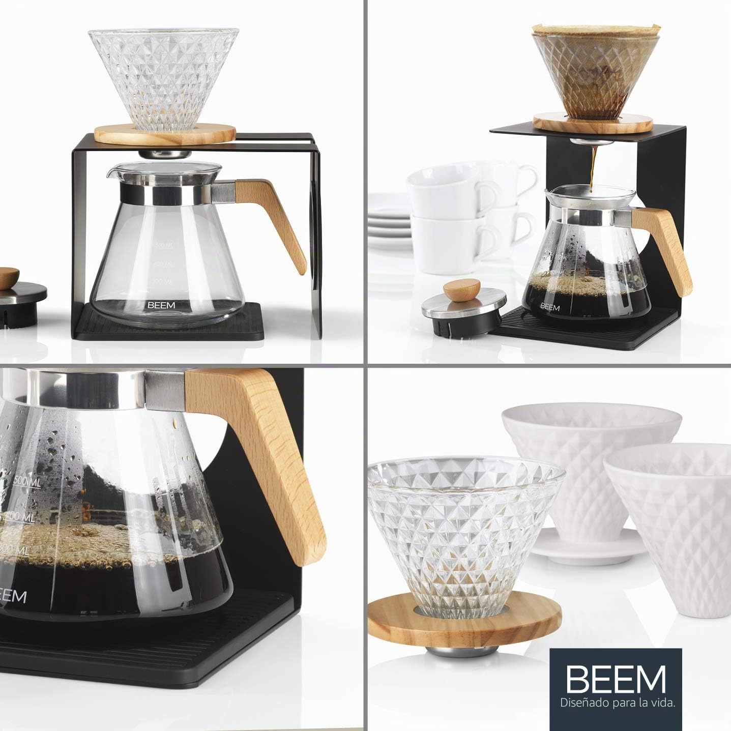 BEEM POUR Over - Juego de cafetera para 4 tazas, incluye filtro de mano de cristal y jarra de cristal con tapa, para preparar café manual de la manera tradicional, diseño elegante y moderno