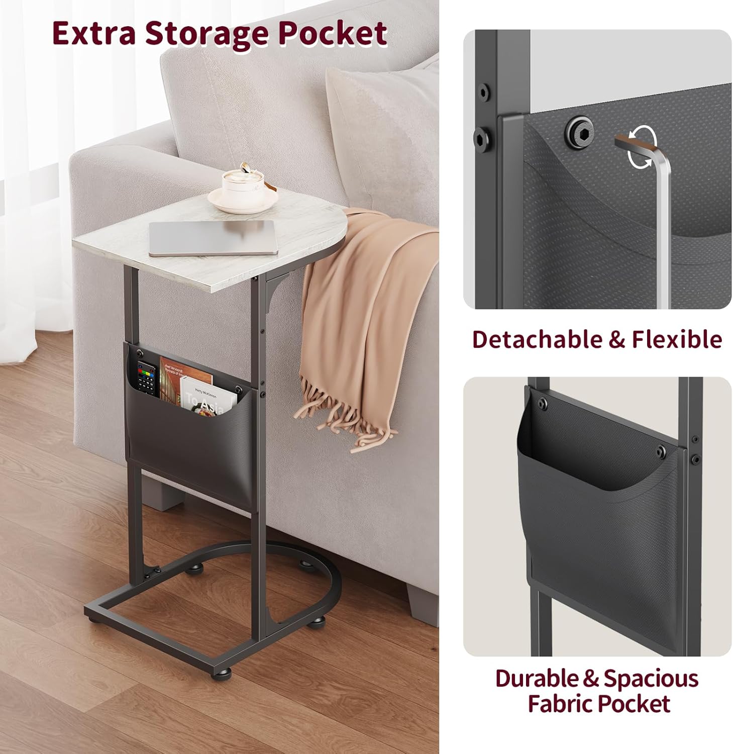 C Shaped End Table, Small Side Table for Couch, C Table for Sofa with Storage Bag that Slide Under, TV Tray Tables for Recliner Living Room Bedside Bedroom Small Spaces Greige