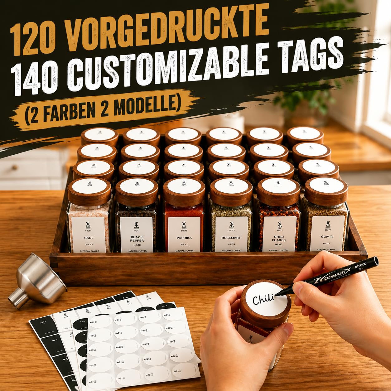 SAEIV Gewürzregal Holz Akazienholz Tablett-Gewürzständer 24x120ml Spice Jars Gewürzgläser Eckig Spice Rack Gewürzgläser Gewürz Organizer mit Edelstahltrichter,Etiketten für Küche&Esstisch