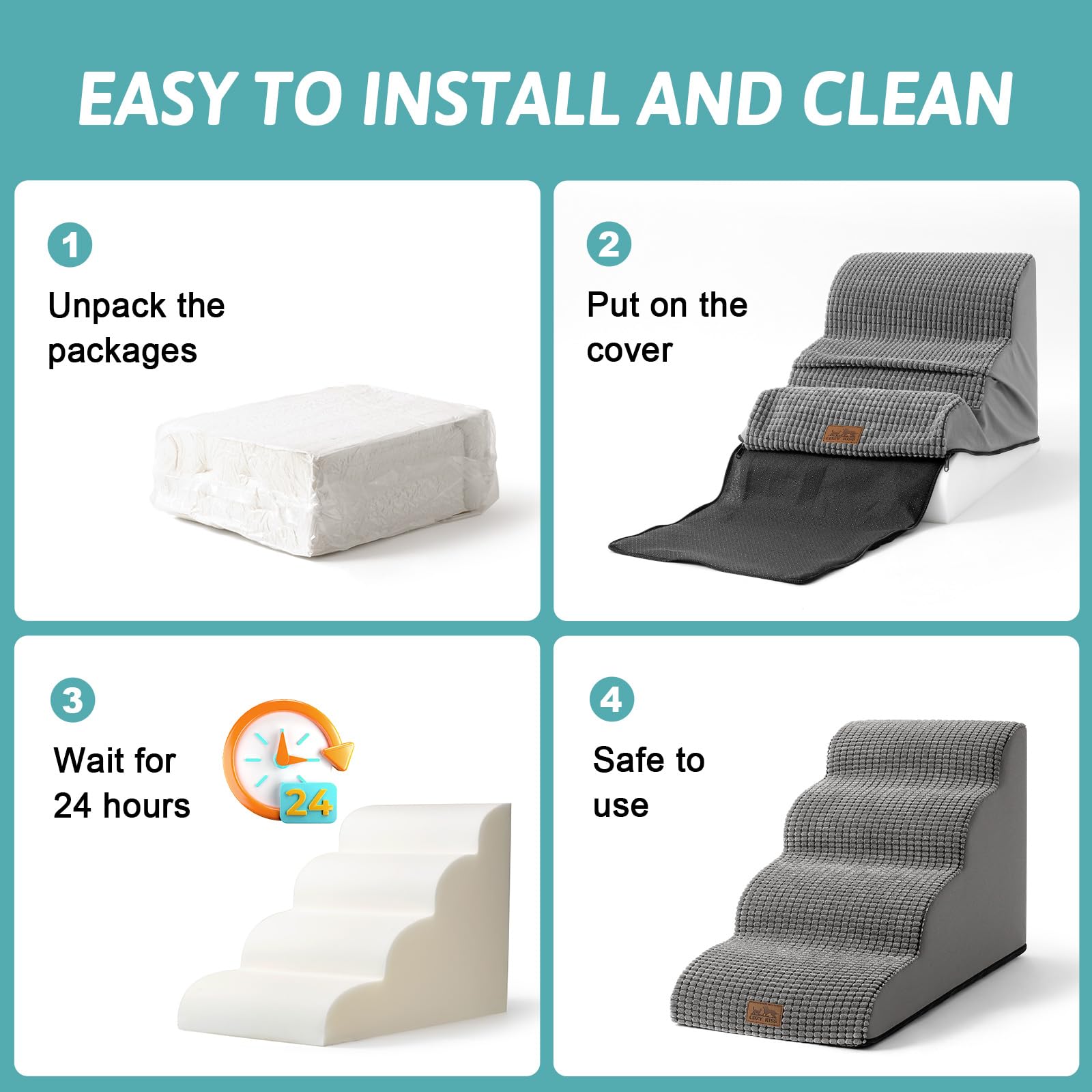 COZY KISS Escalera para Perros Pequeños, Escaleras para Mascotas de Espuma para Cama y sofá, Rampa para Gatos con Funda Lavable y Fondo Antideslizante, Ligera (Gris Claro, 40x84x57cm, 5)