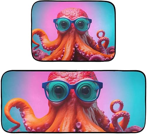 Kitchen Mats for Floor 2 Piece Set Cute Octopus with Glasses Print, Anti Skid Cushioned Water Absorbent Kitchen Rugs Door Mat Floor Mats for Kitchen