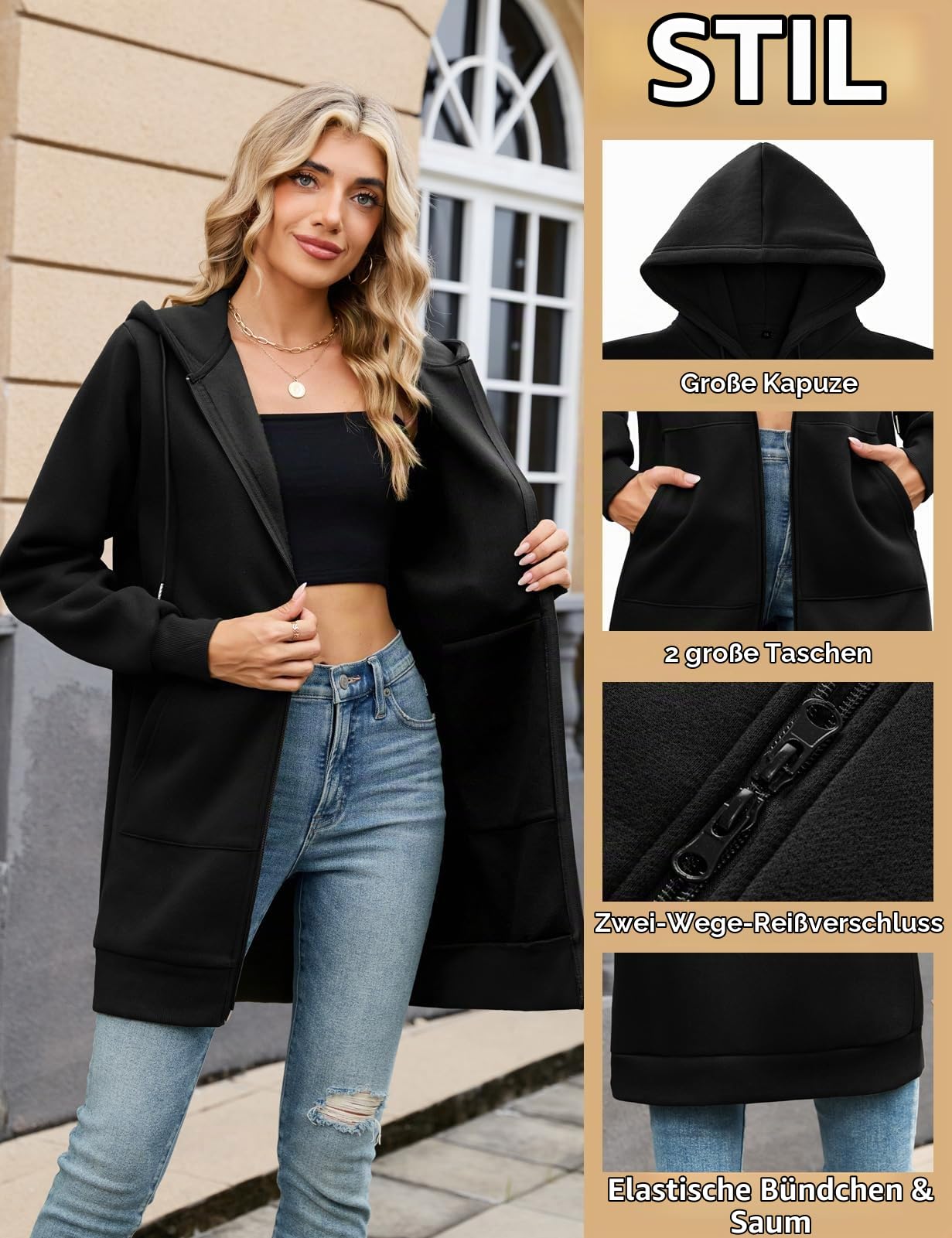 Tuopuda Sweatjacke Damen Lang Casual Hoodie Langarm Kapuzenpullover Mit Kapuze Reißverschluss Fleecejacke Herbstjacke Oversize Pullover