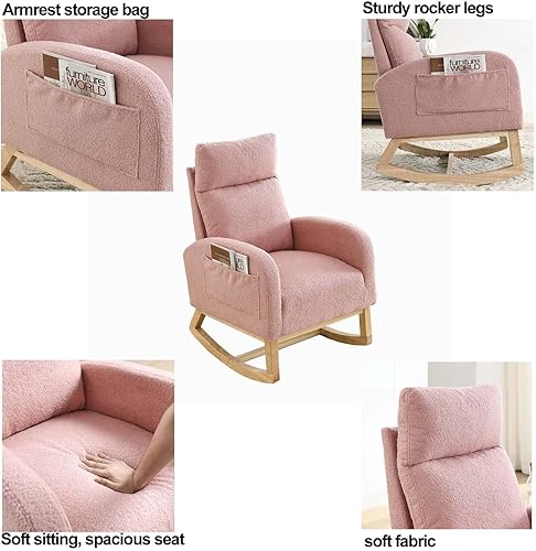 Miniatura 4 de Mecedora tapizada con respaldo alto, asiento acolchado con respaldo alto, mecedora con bolsillo de almacenamiento lateral, cómoda silla auxiliar