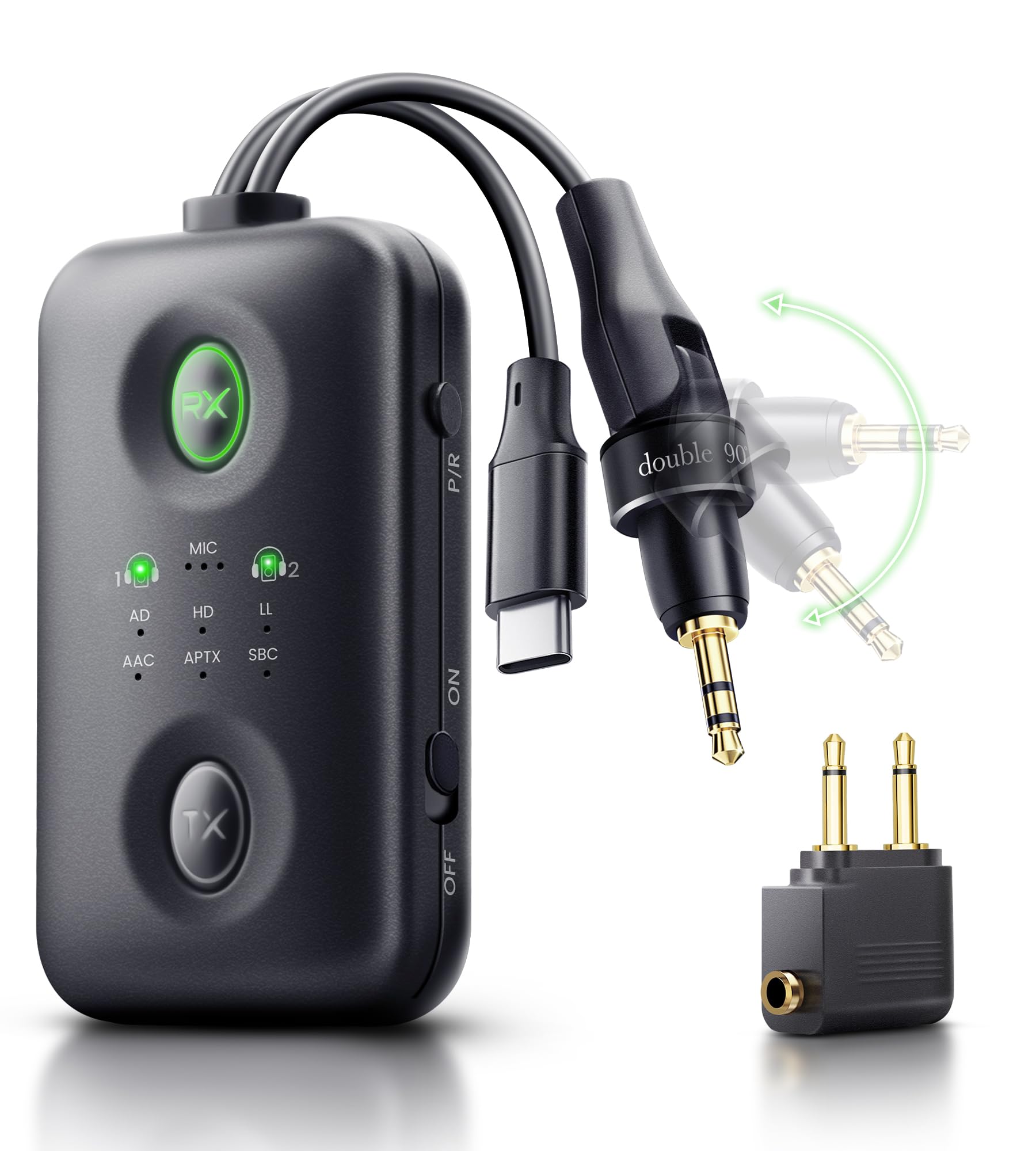 Unique Design Bluetooth 5.4 Transmitter Receiver with Qualcomm aptX Adaptive for Dual AirPods/Headphones, 3.5mm Aux Jack & USB C Bluetooth Adapter for Airplane/TV/PS5/Gym/Phone/Tablet/Car(for Flight)-picture-34