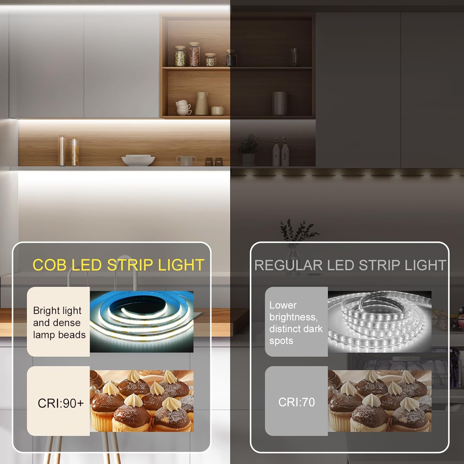 ZSLAIFU Battery Powered LED Strip Lights, 2Pack 3.3FT COB LED Light Strip, Battery Operated LED Lights, White LED Strip Lights Battery Powered for Closet, Cabinet, Shelf, Kitchen, DIY Lighting
