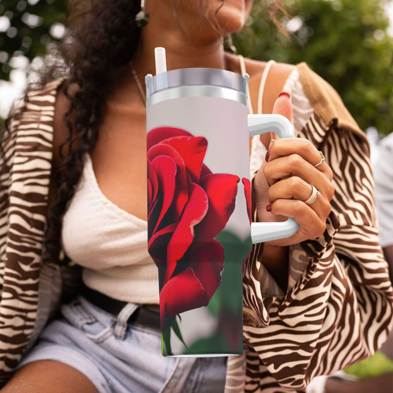A Red Rose 1 Wasserflasche aus Edelstahl, doppelwandig, isoliert, mit Griff und Strohhalm-Deckel, 1,2 l