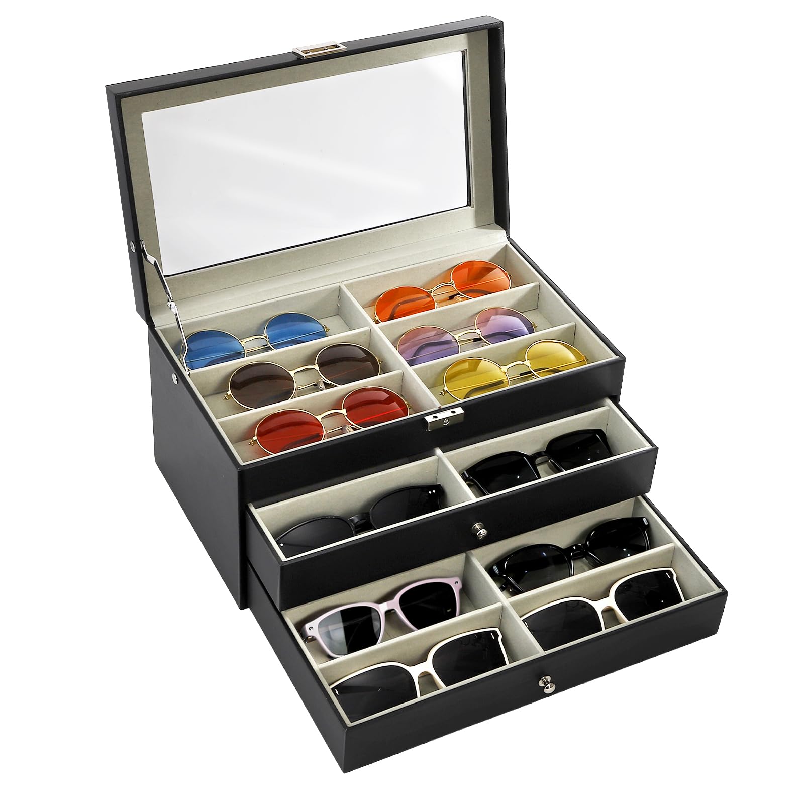 Nicunom 18 Slots Leather Sunglass Organizer Collector Eyeglasses Sunglass Glasses Storage Box Eyeglasses Eyewear Display Case with Drawer, Lockable, Black-image-39